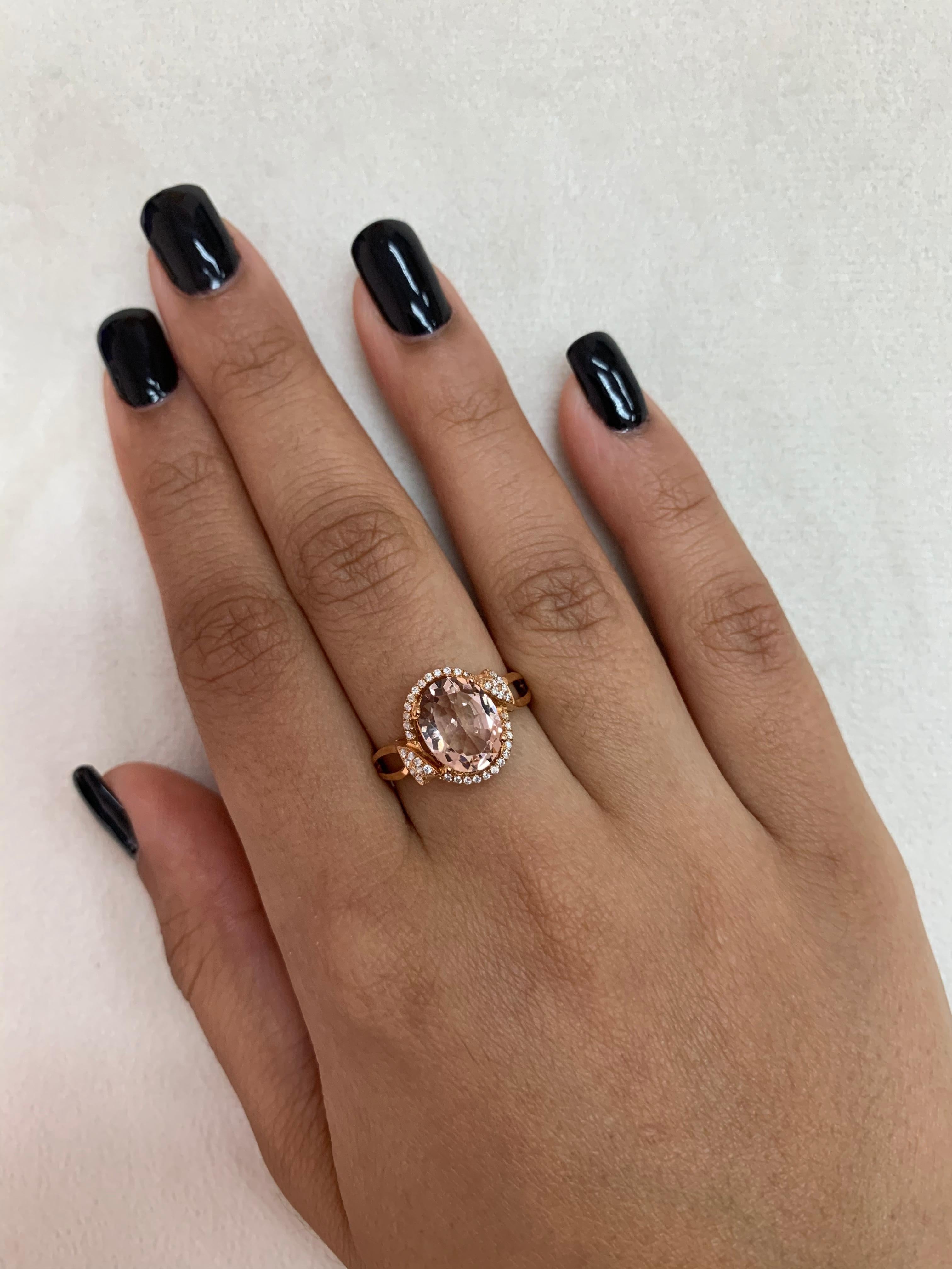 This collection features an array of magnificent morganites! Accented with diamonds these rings are made in rose gold and present a classic yet elegant look. 

Classic morganite ring in 18K rose gold with diamonds. 

Morganite: 2.4 carat oval