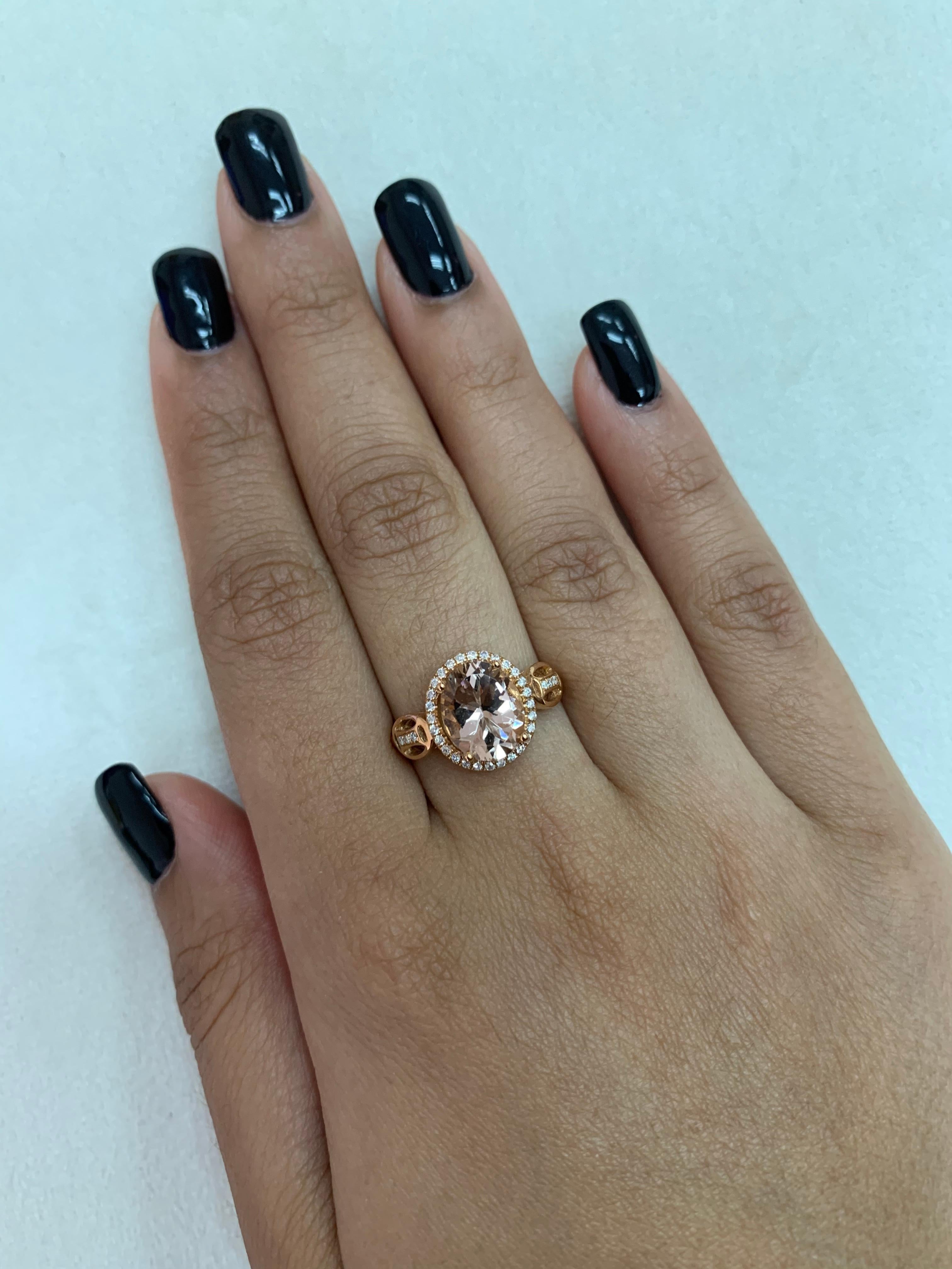 This collection features an array of magnificent morganites! Accented with diamonds these rings are made in rose gold and present a classic yet elegant look. 

Classic morganite ring in 18K rose gold with diamonds. 

Morganite: 2.4 carat oval