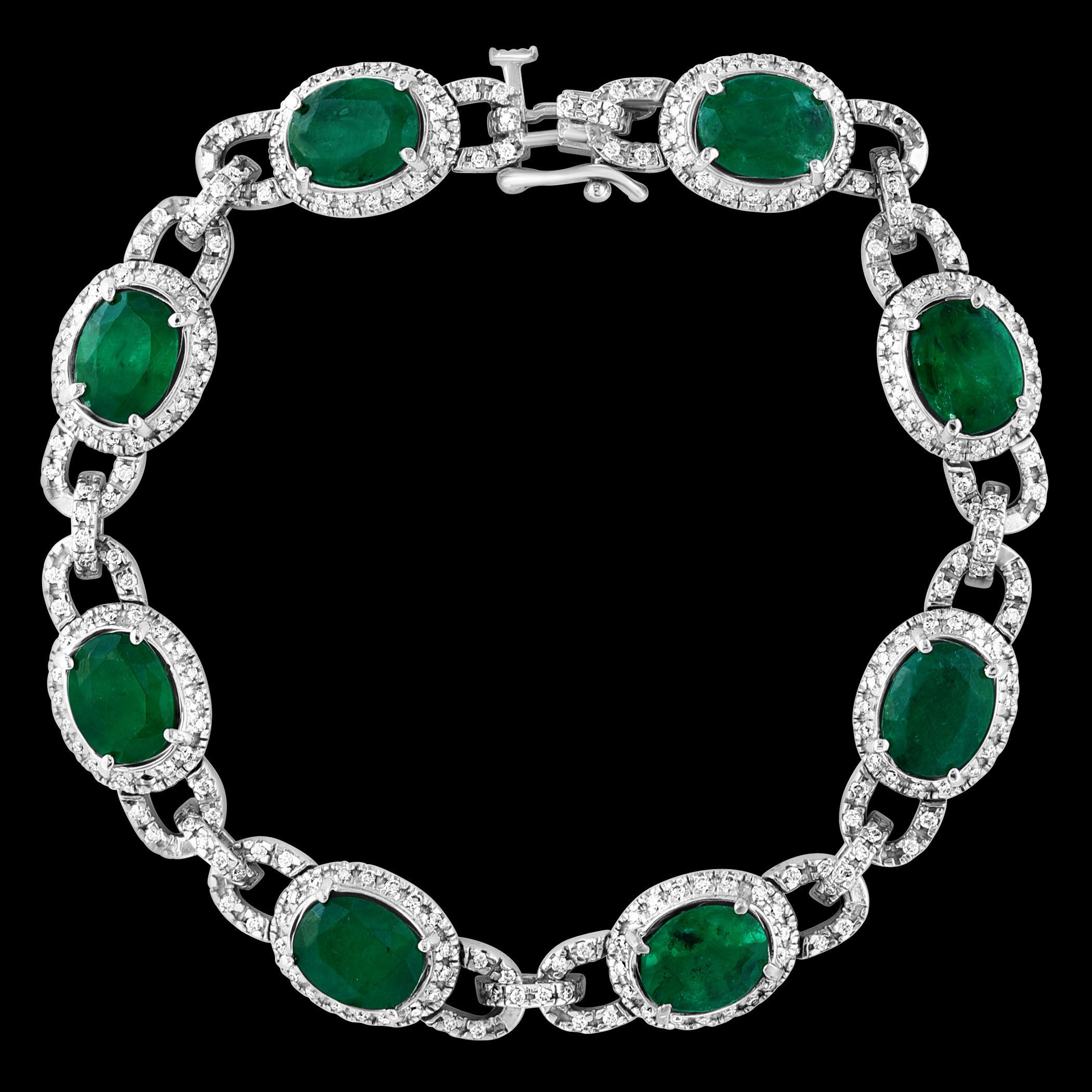 24 Carat Natural Brazilian Emerald & Diamond Link Tennis Bracelet 14 Karat Gold 6