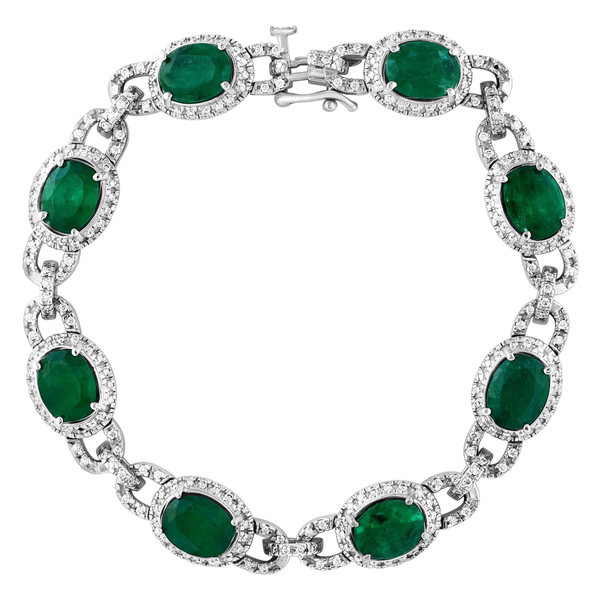 24 Carat Natural Brazilian Emerald & Diamond Link Tennis Bracelet 14 Karat Gold 7