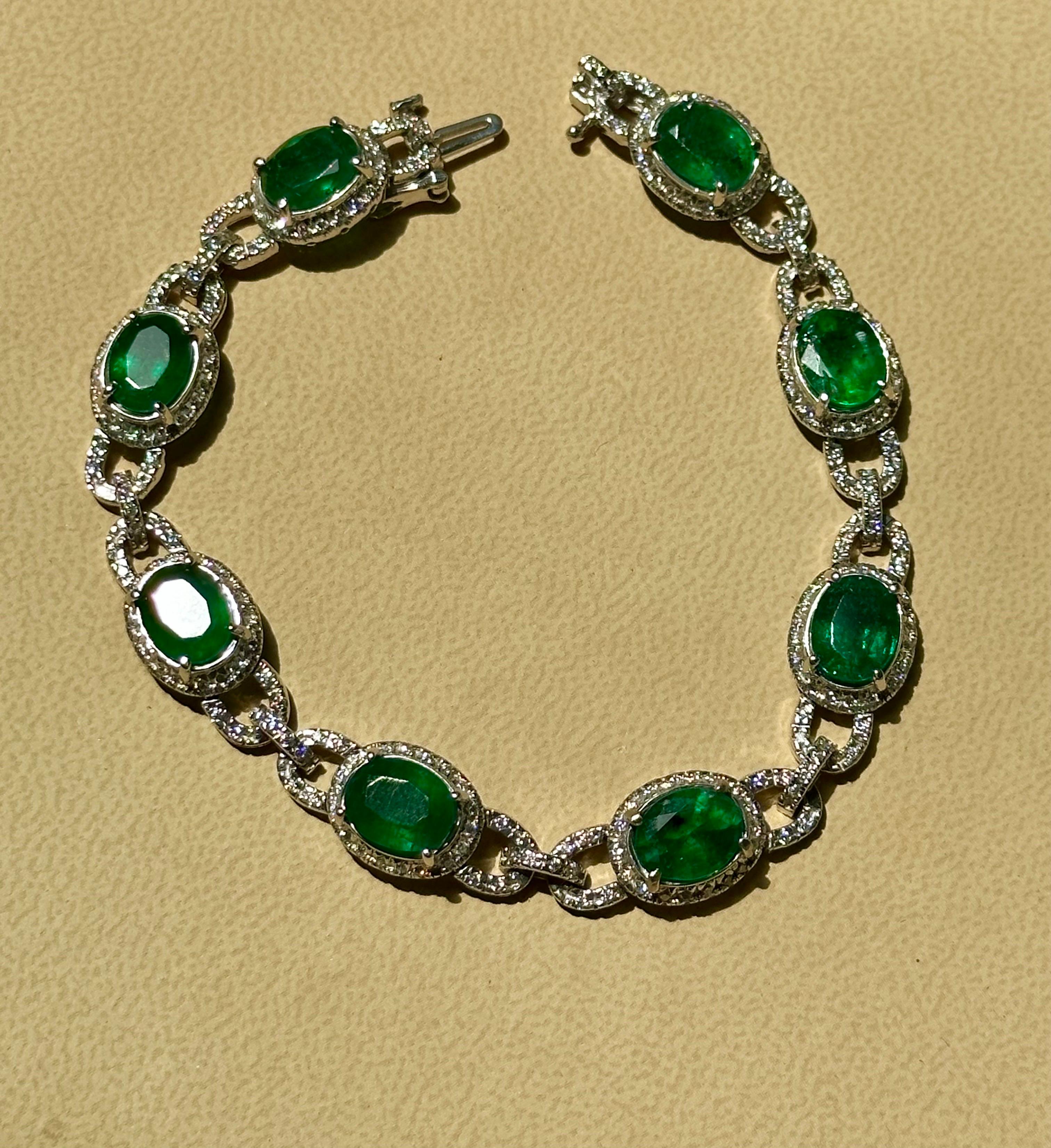 24 Carat Natural Brazilian Emerald & Diamond Link Tennis Bracelet 14 Karat Gold 1