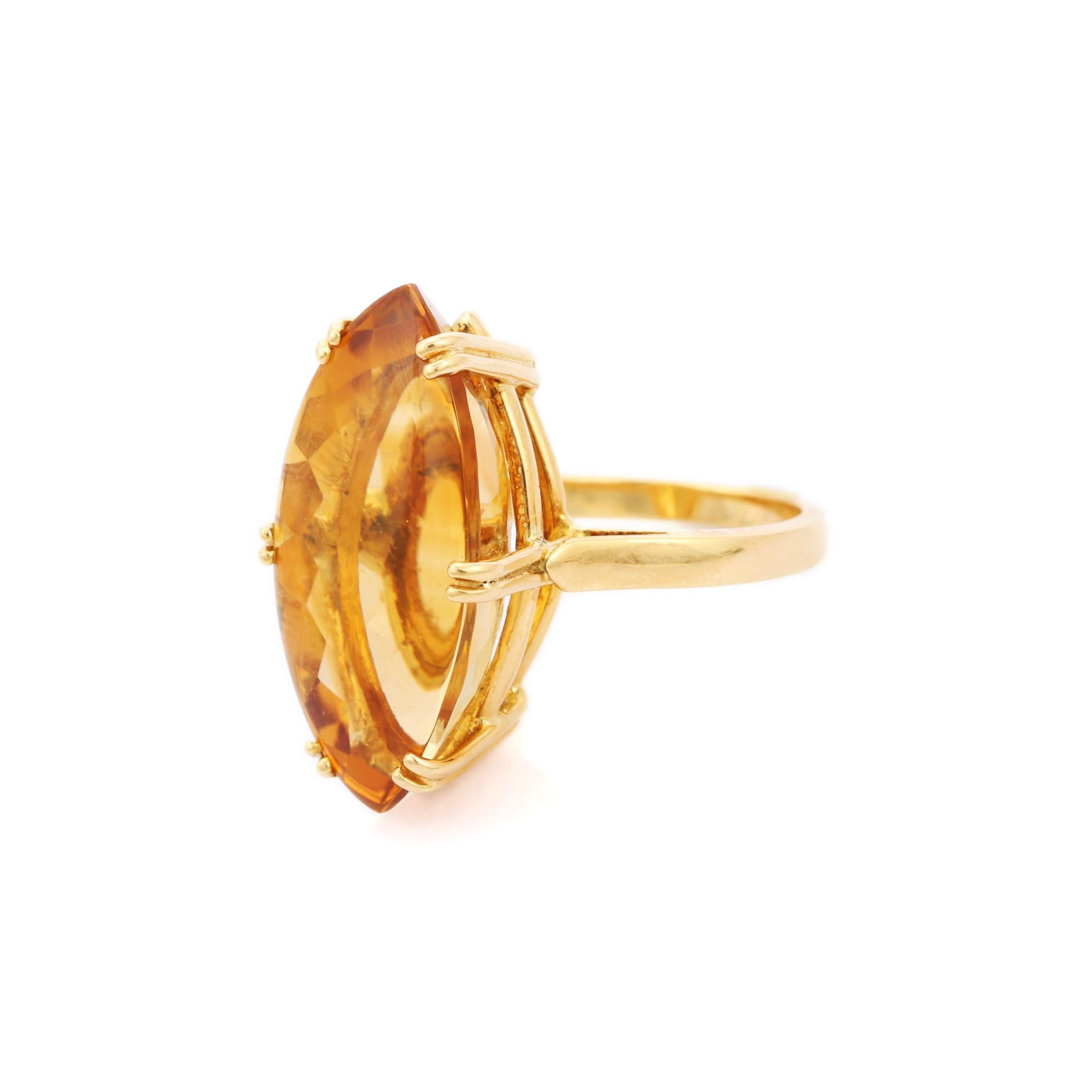 For Sale:  24 Carat Natural Long Marquise Citrine Cocktail Ring in 18 Karat Yellow Gold 3