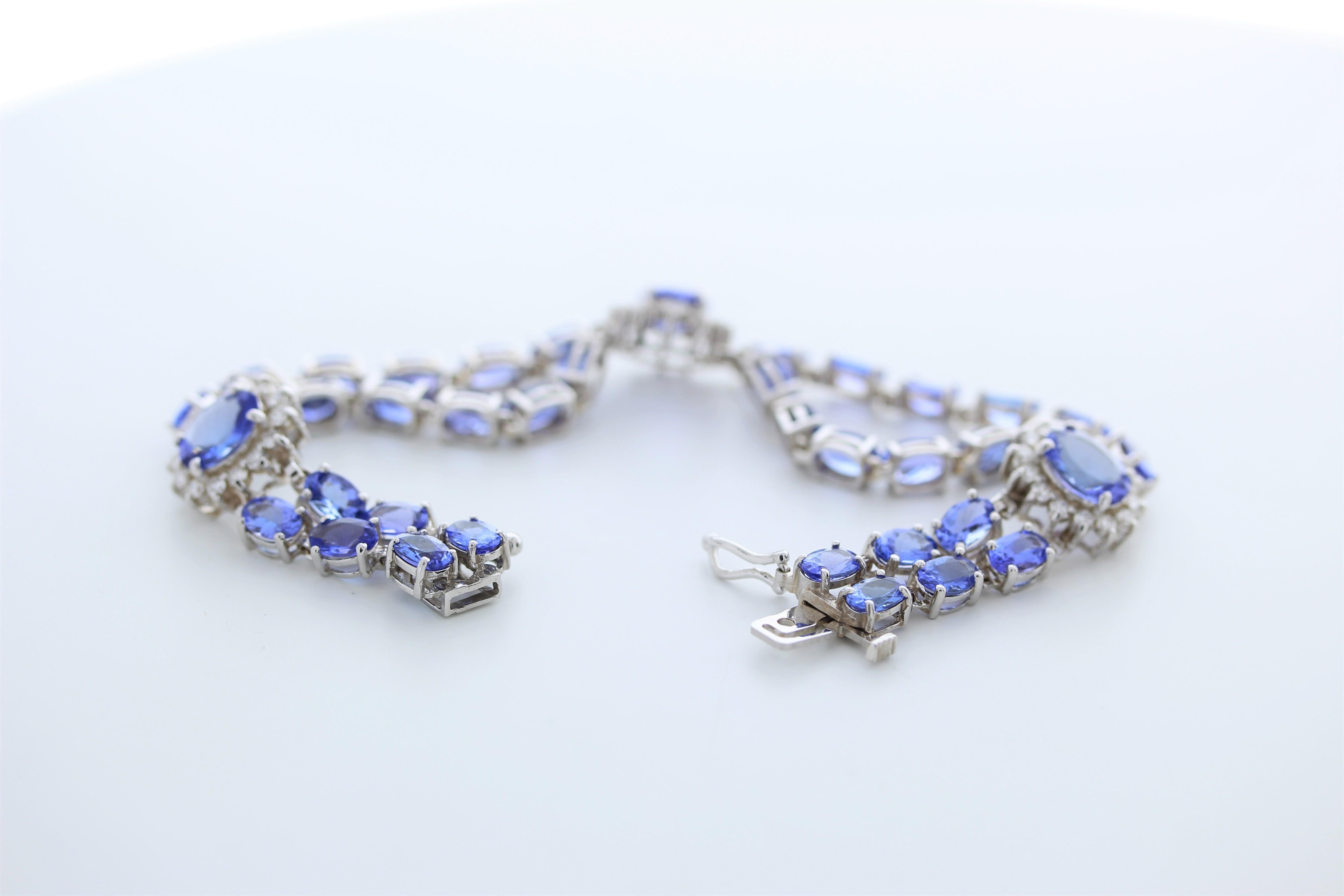 Contemporary 24 Carat Oval Tanzanite & Diamond Bracelets In 14K White Gold For Sale