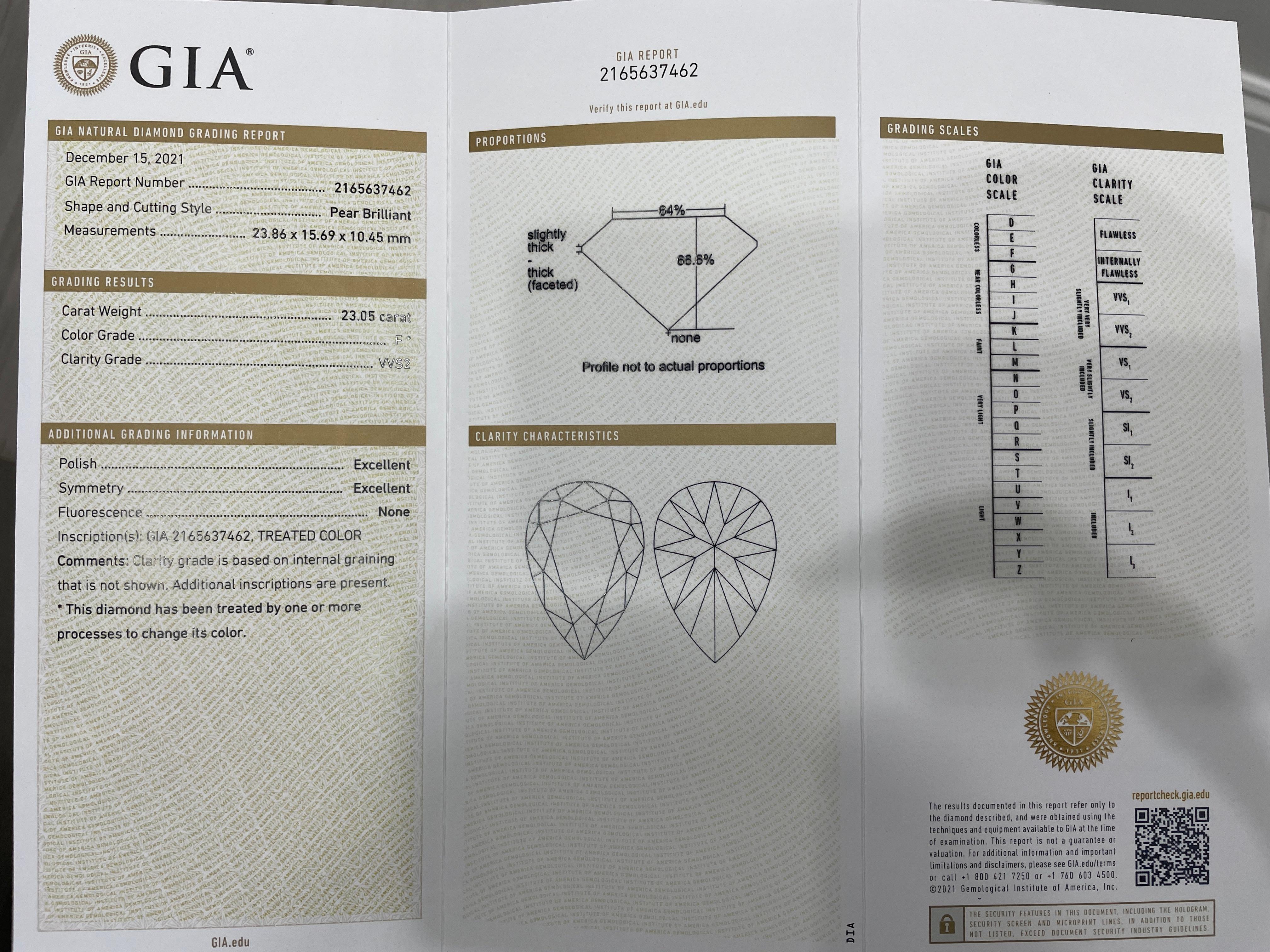 Bague de fiançailles avec diamant en forme de poire de 24 carats certifié GIA, F VVS2 en vente 3