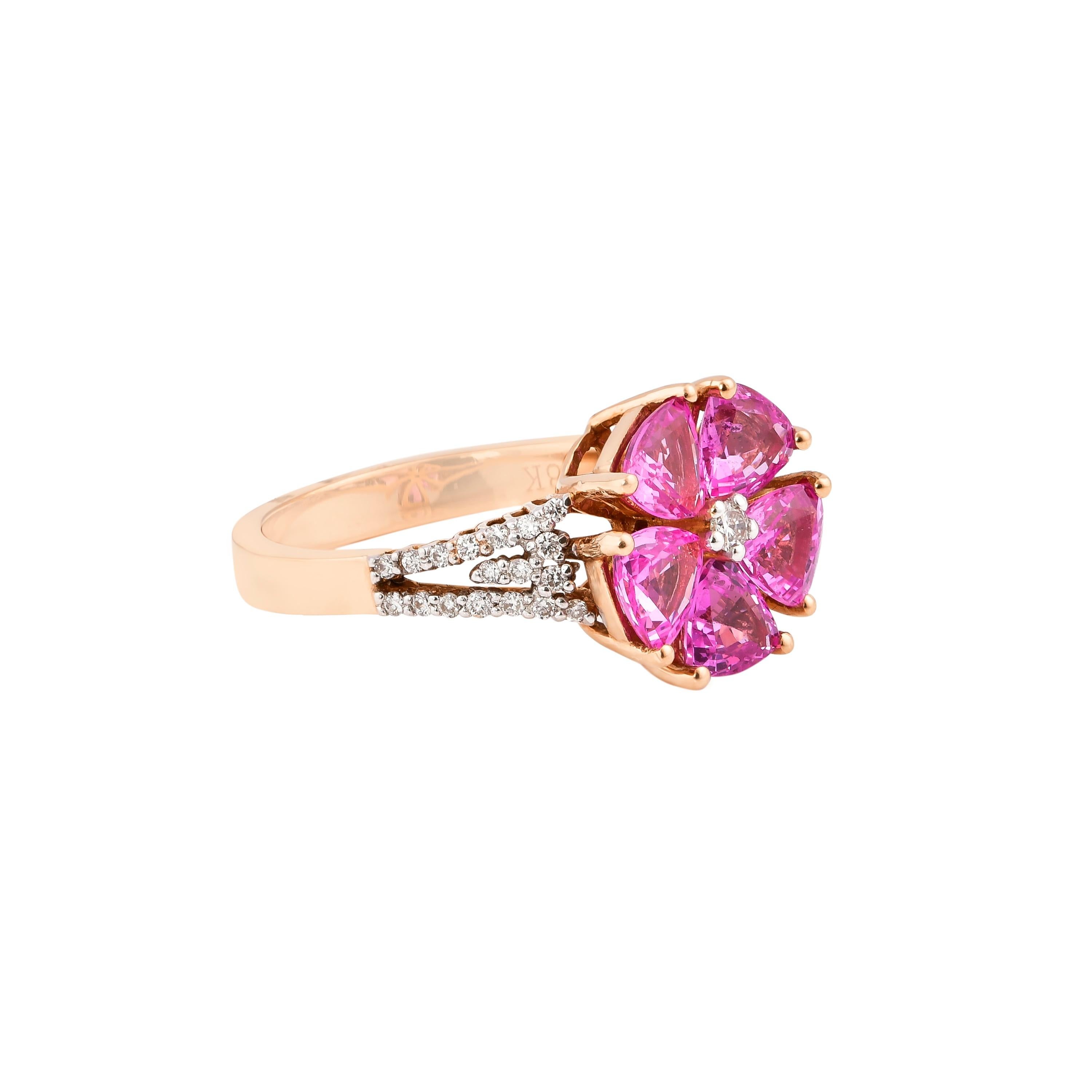 Sunita Nahata presents an exclusive collection of pink sapphire rings. With a mix of floral designs and cluster setting these pieces are accented with diamonds to present a unique array of rings. 

Designer pink sapphire ring in 18K rose gold with