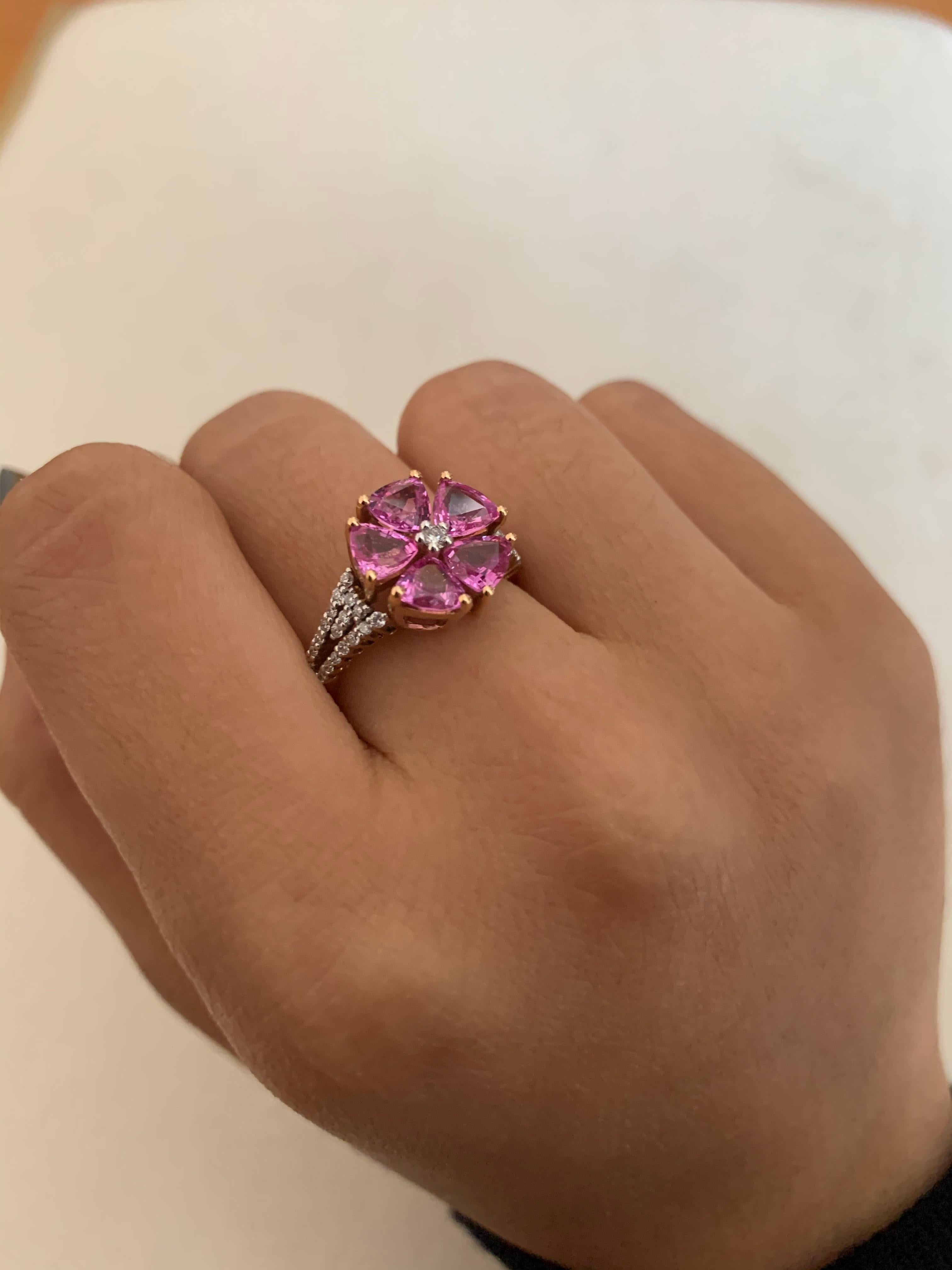 Trillion Cut 2.4 Carat Pink Sapphire Ring with Diamond in 18 Karat Rose Gold