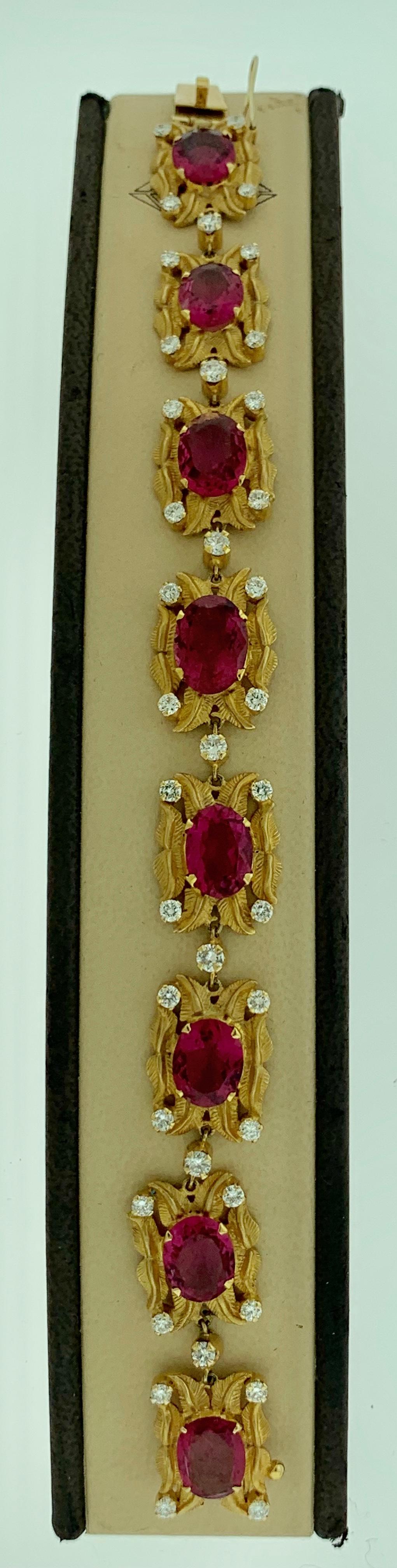 Oval Cut 24 Carat Pink Tourmaline and 2.75 Carat Diamond Bracelet  18 Karat Yellow Gold For Sale