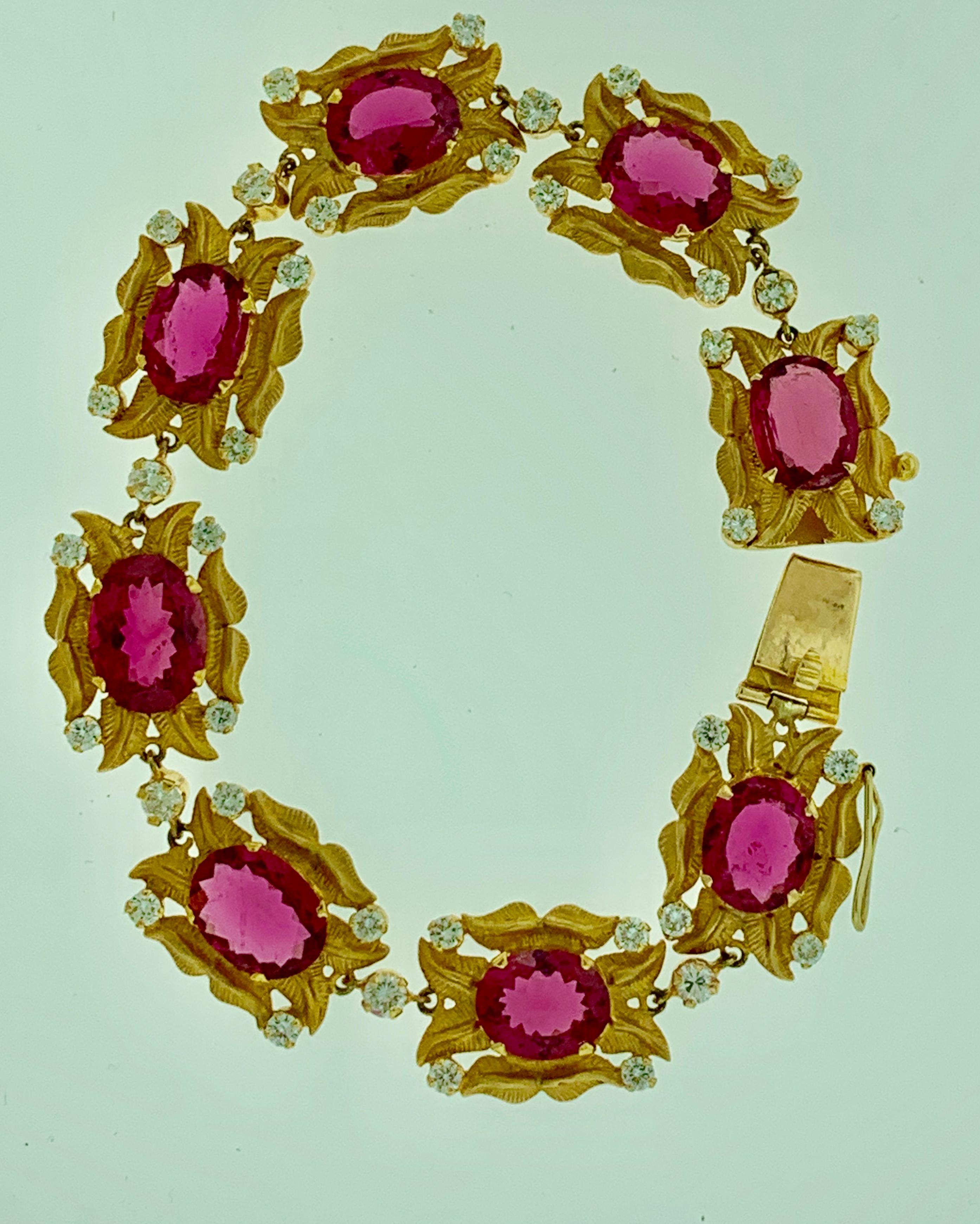24 Carat Pink Tourmaline and 2.75 Carat Diamond Bracelet  18 Karat Yellow Gold In Excellent Condition For Sale In New York, NY
