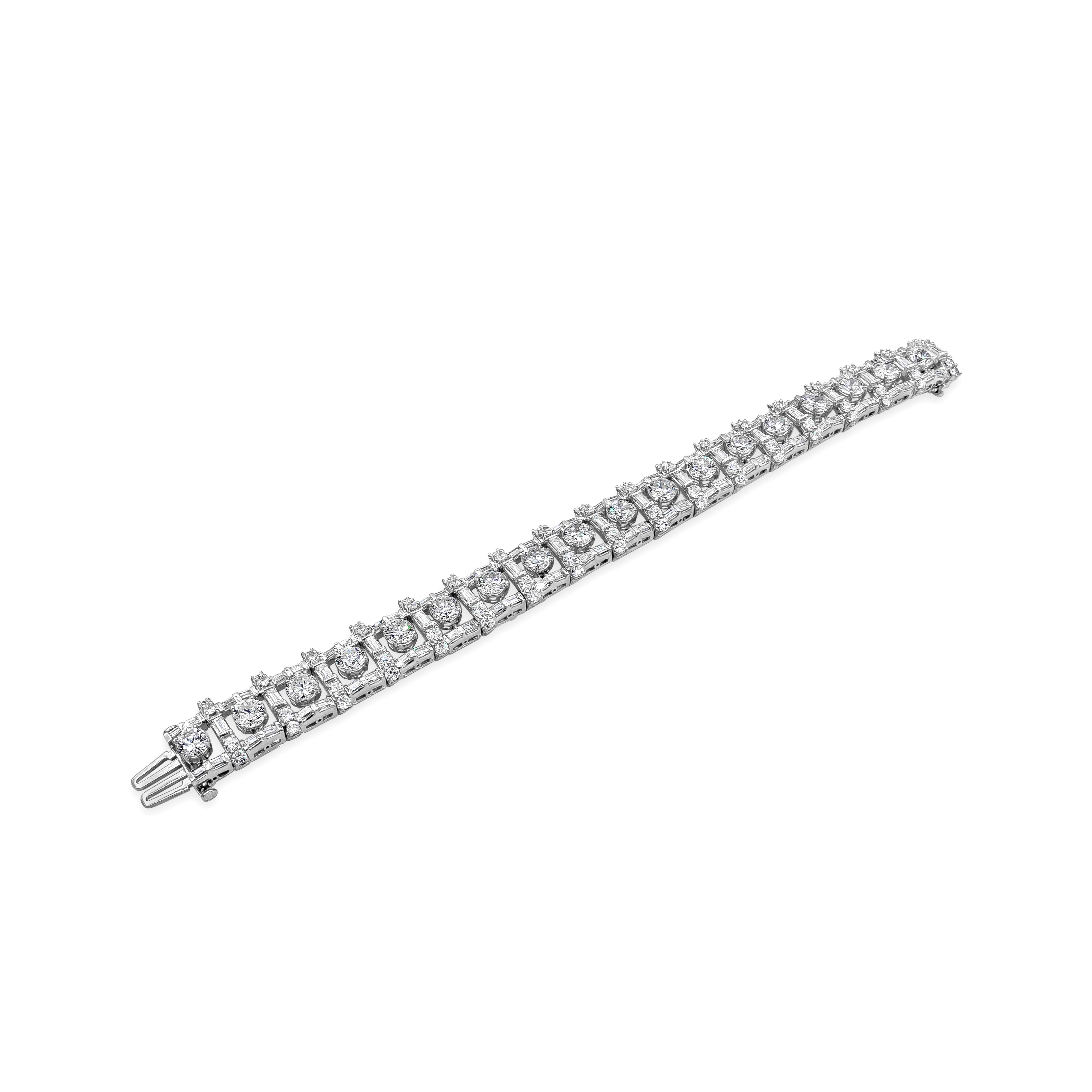 Open work diamond bracelet showcasing 180 pieces mixed diamonds finely made in platinum. Brilliant round diamonds weighs 12.50 carats total, G color and VS-SI in clarity. Baguette and round cut weighs 6.50 carats total and 5 carats total