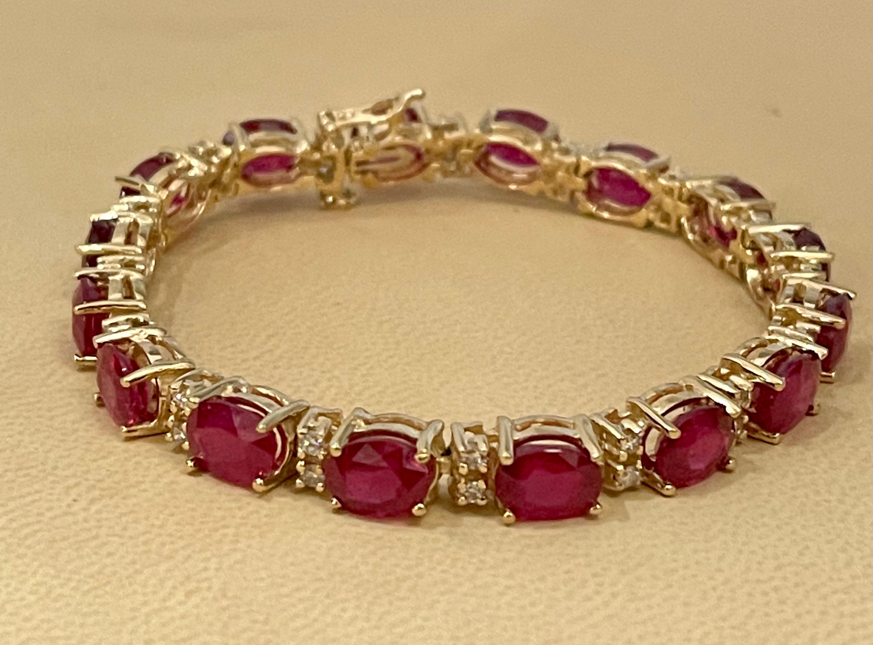  This exceptionally affordable Tennis  bracelet has  16 stones of oval  Treated  Rubies  . 
Ruby is Treated. The weight of the Ruby is 24 Carat , Each ruby is approximately 1.5 ct , measuring 6X9 MM
Each Ruby is spaced by two diamonds .Total number