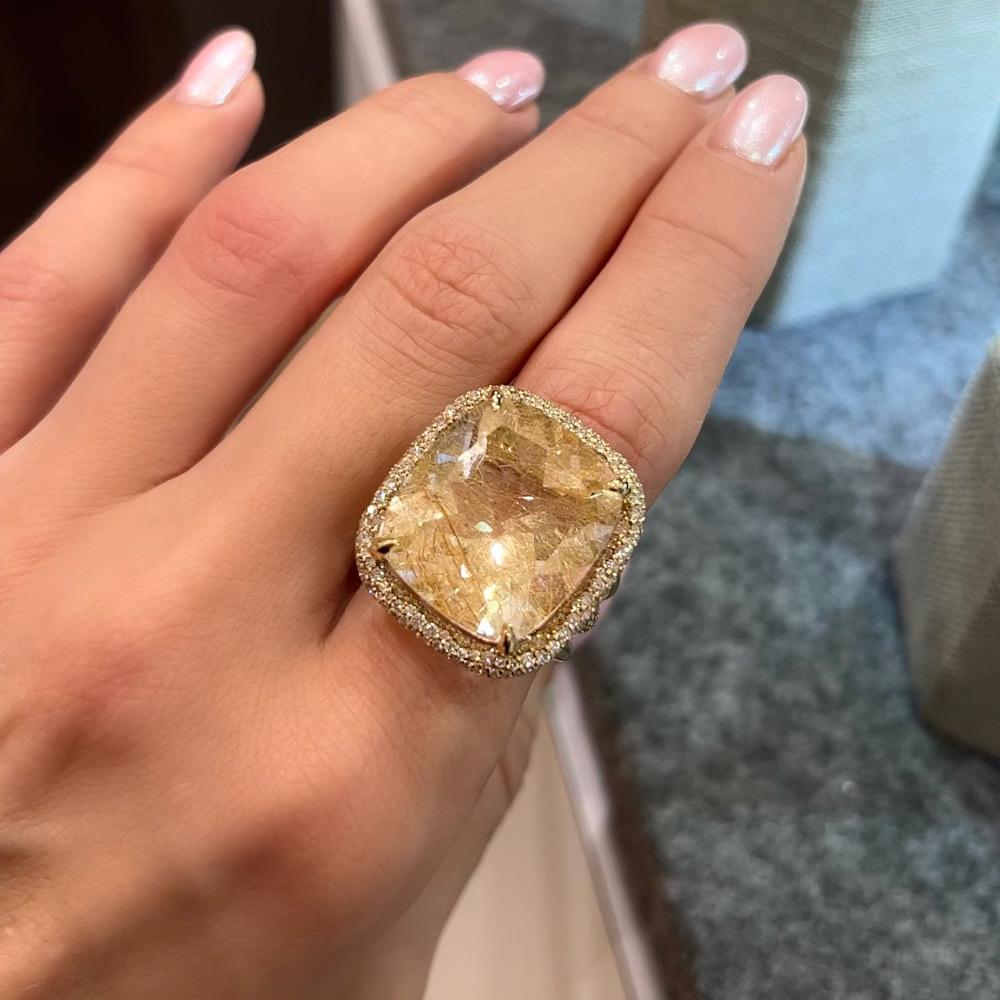 Unusual and attractive ring for any occasion
Big Rutile Quartz in this ring is from Brazil, it has very nice golden color and cute inner life
Such a cocktail ring will be strongly associated with something expensive, luxurious and make a very strong