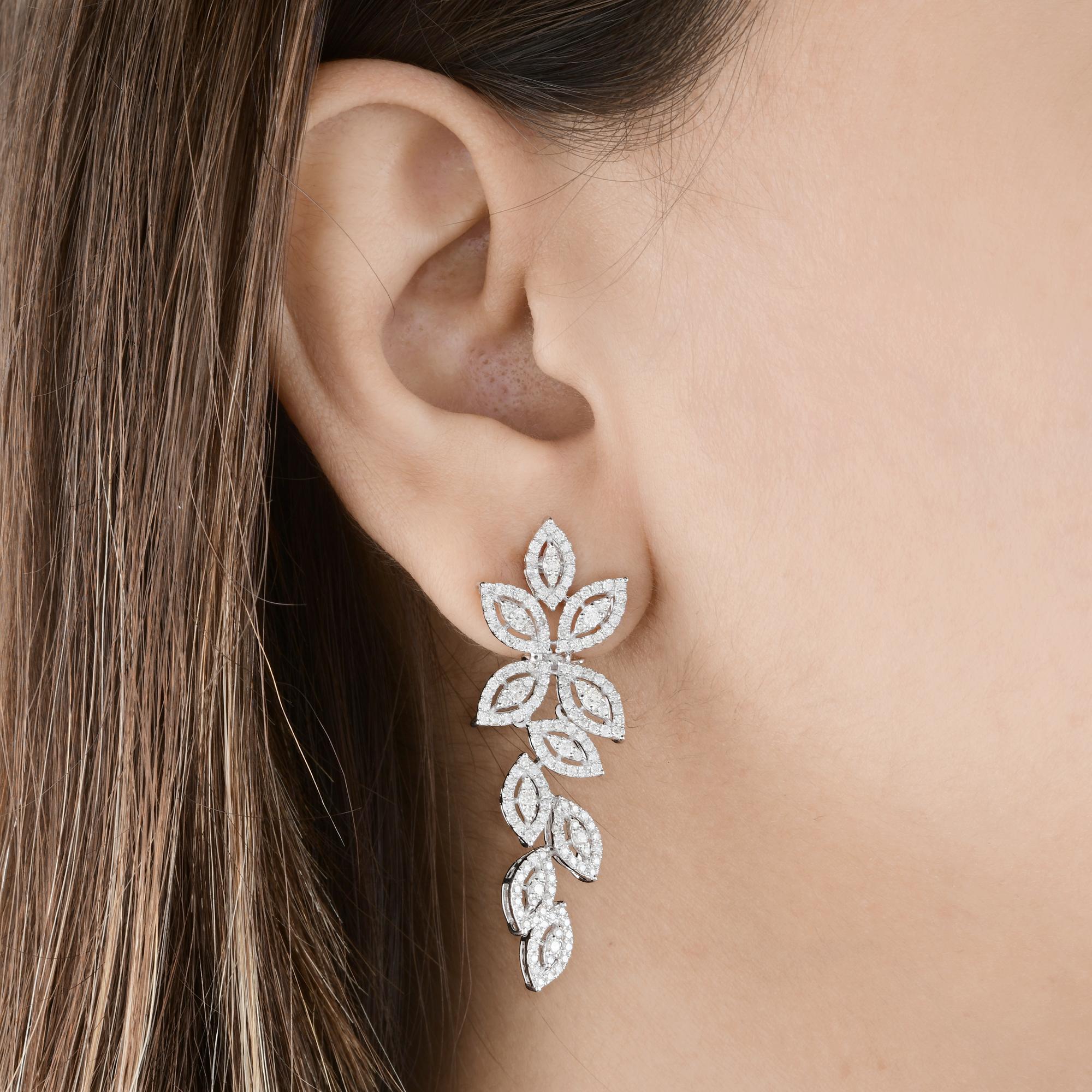 Modern 2.4 Carat SI Clarity HI Color Diamond Leaf Dangle Earrings 18 Karat White Gold For Sale