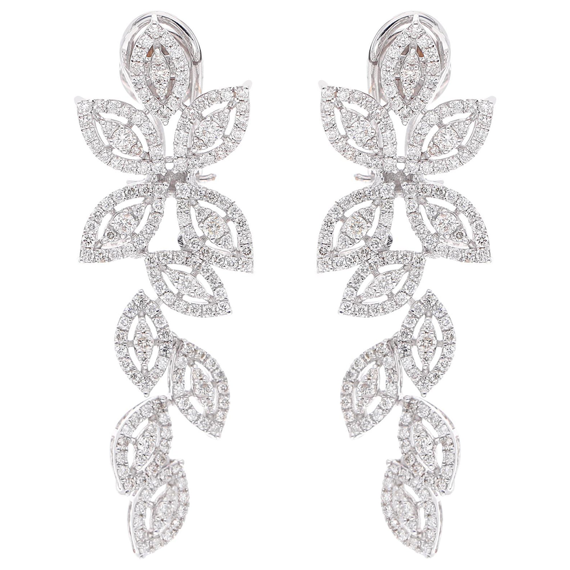 2.4 Carat SI Clarity HI Color Diamond Leaf Dangle Earrings 18 Karat White Gold
