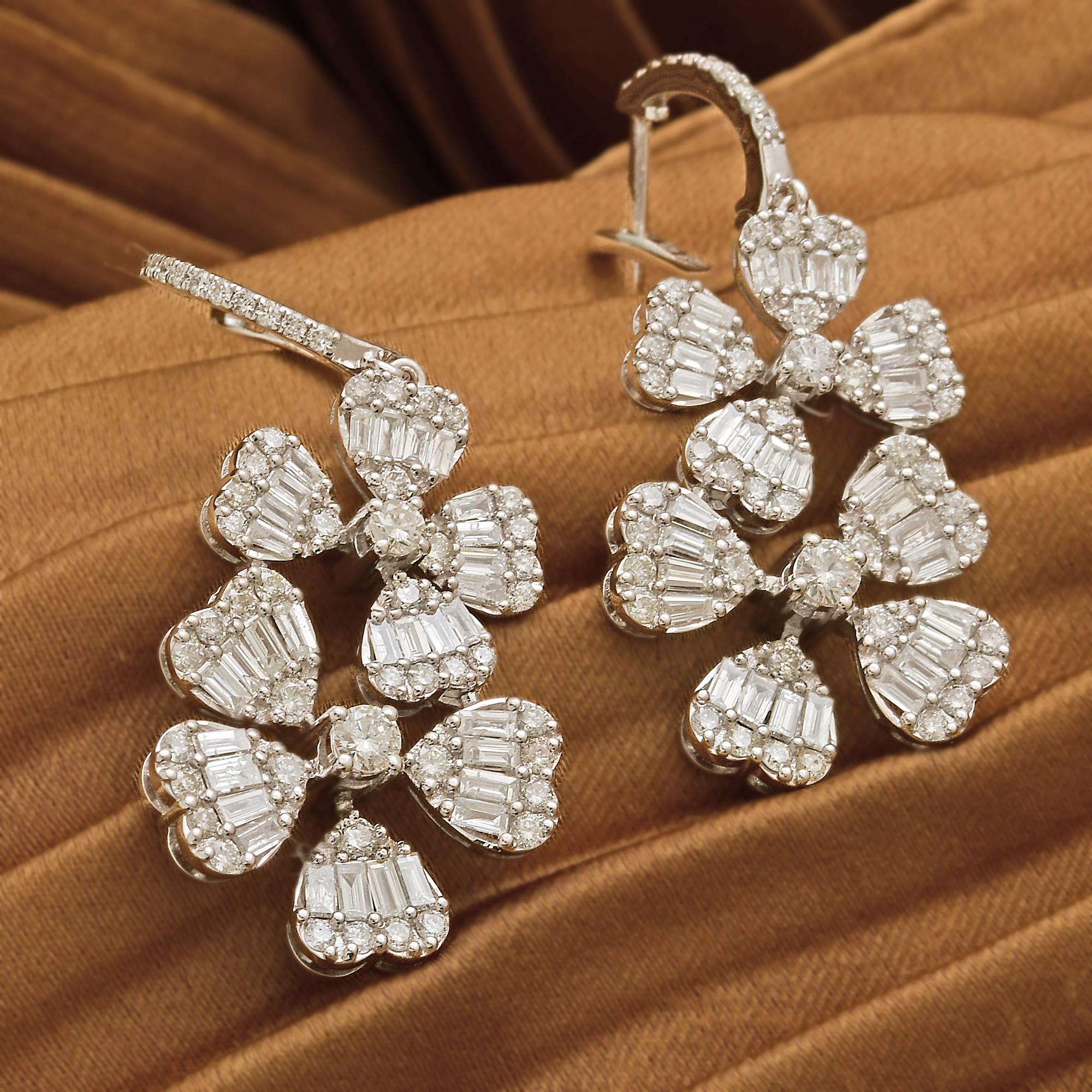 Round Cut 2.4 Carat SI Clarity HI Color Diamond Multi Heart Dangle Earrings 18k White Gold For Sale