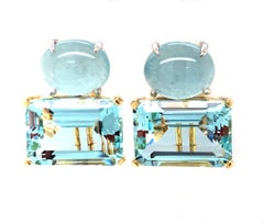 24 Carat Total Aquamarine Cabochon Faceted Yellow White Gold Omega Clip Earrings