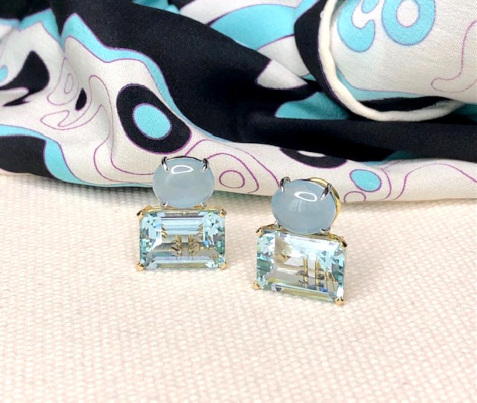 Artisan 24 Carat Total Aquamarine Cabochon Faceted Yellow White Gold Omega Clip Earrings