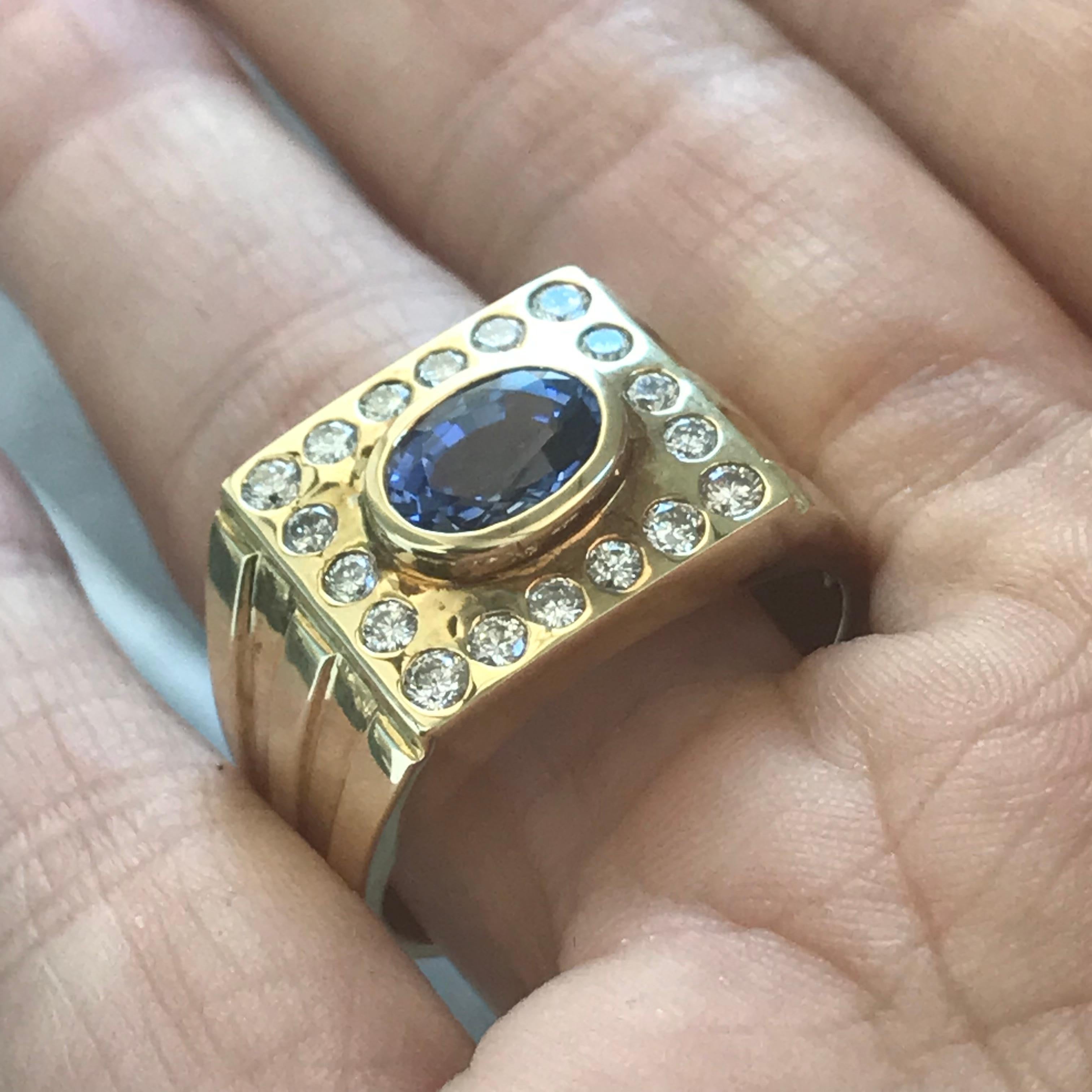 Oval Cut 2.4 Carat TW Approximate Oval Blue Sapphire and Diamond Men's Ring, Ben Dannie For Sale