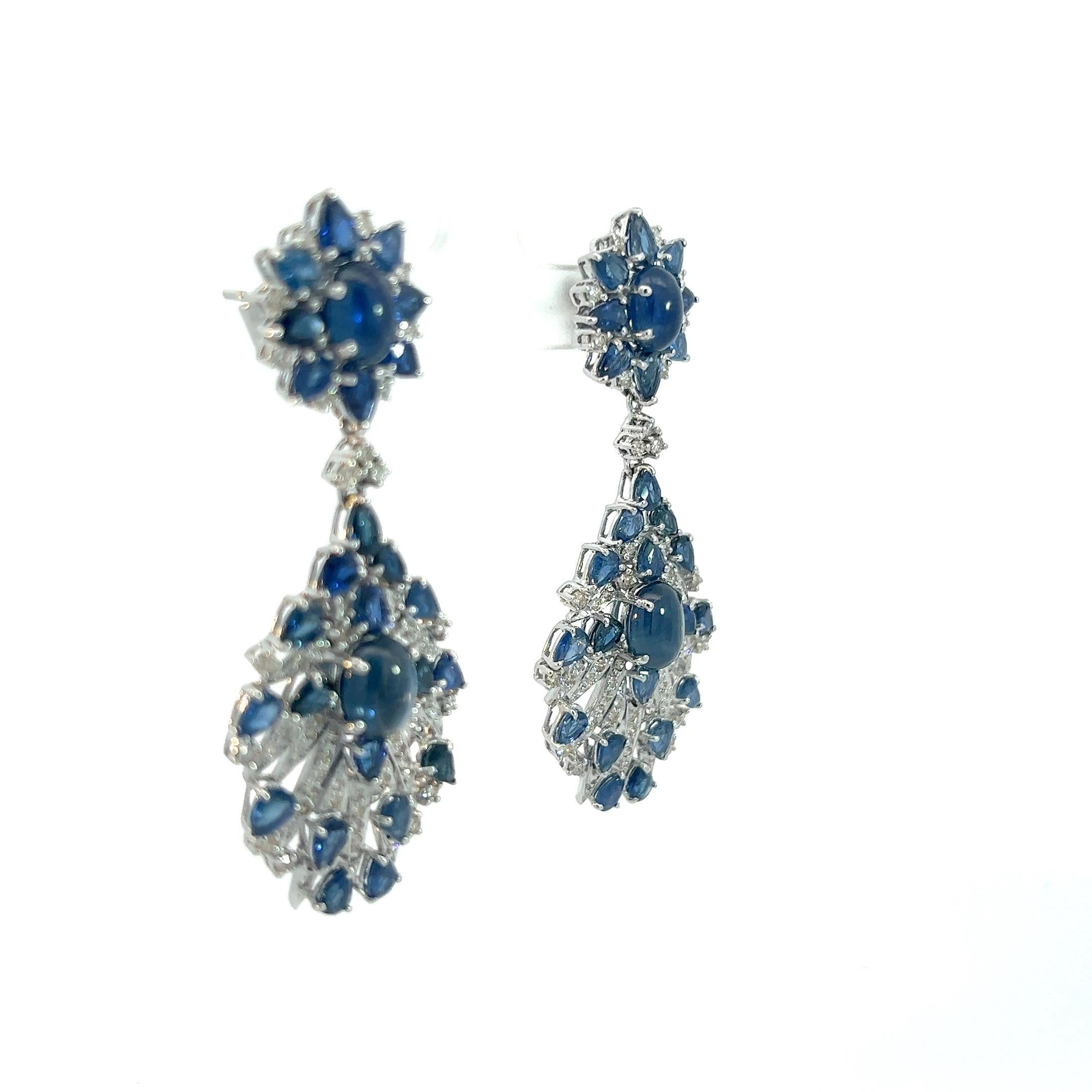 Cabochon 24 Carats Natural Blue Sapphire and 4 Carats Diamond Drop 18K Gold Earrings For Sale