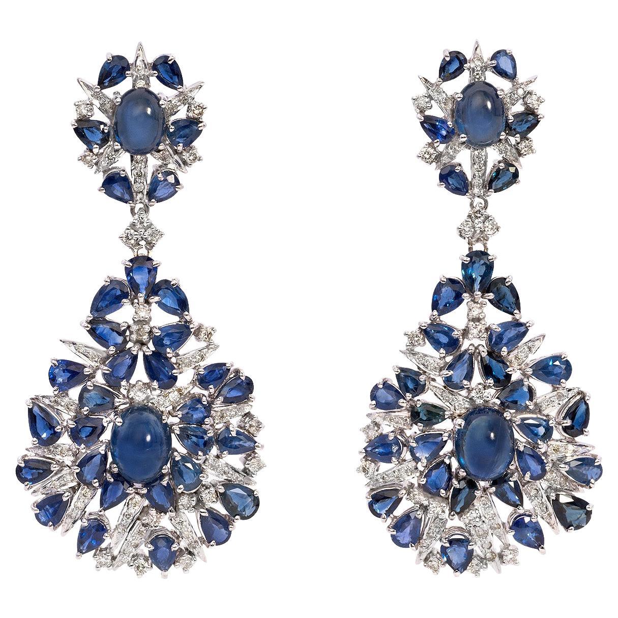 24 Carats Natural Blue Sapphire and 4 Carats Diamond Drop 18K Gold Earrings For Sale