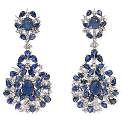 24 Carats Natural Blue Sapphire and 4 Carats Diamond Drop 18K Gold Earrings