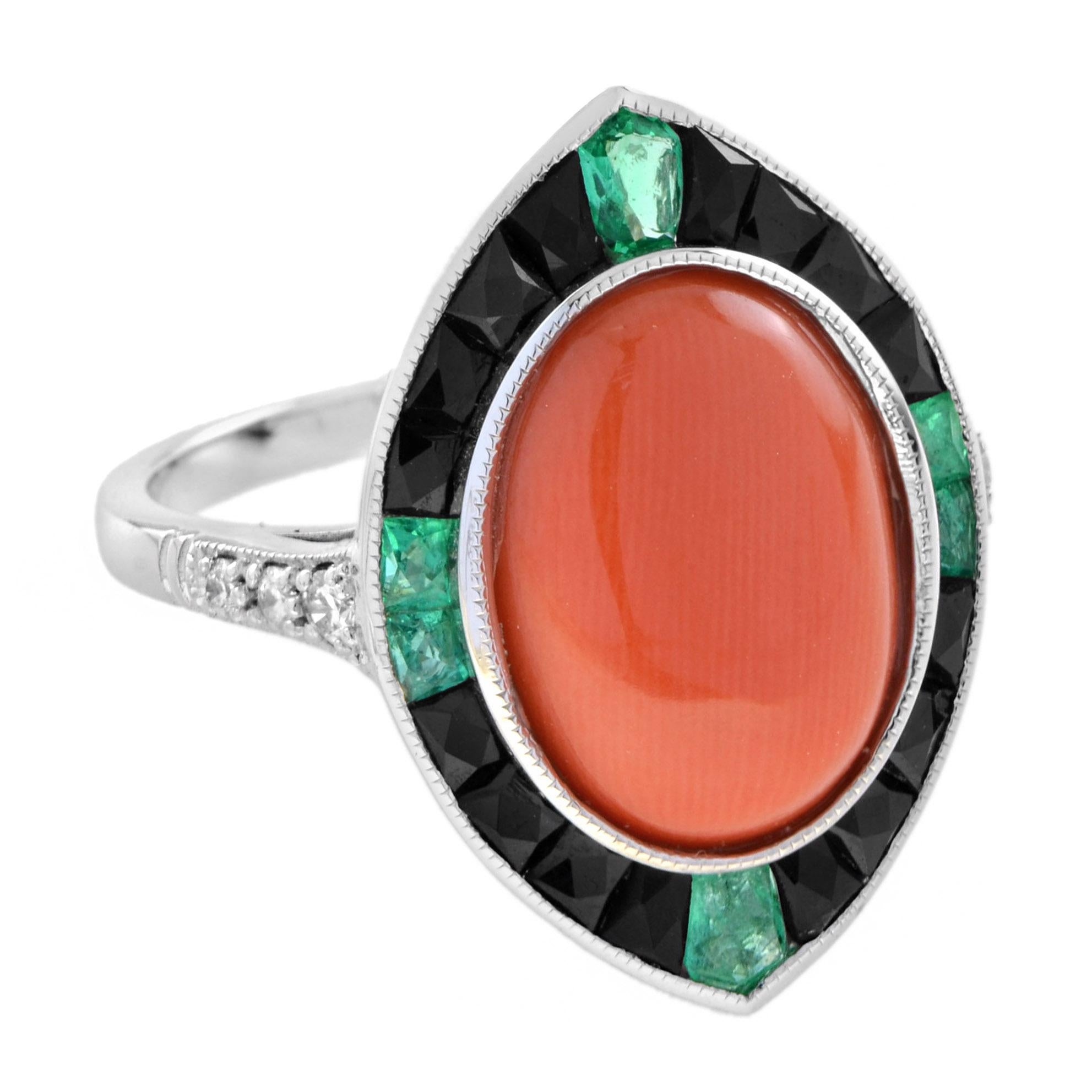 Women's or Men's 4.05 Ct. Coral Diamond Emerald Onyx Art Deco Style Cocktail Ring in White Gold