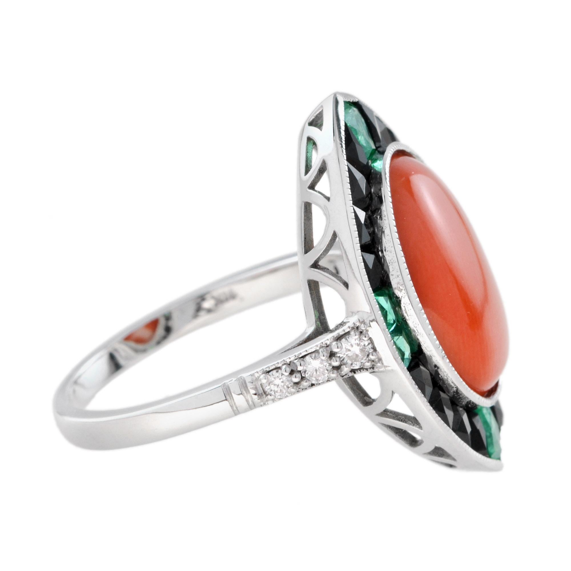 4.05 Ct. Coral Diamond Emerald Onyx Art Deco Style Cocktail Ring in White Gold 1