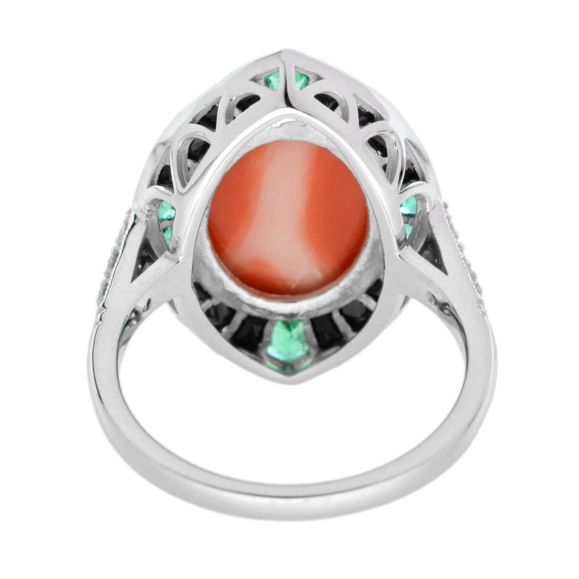 4.05 Ct. Coral Diamond Emerald Onyx Art Deco Style Cocktail Ring in White Gold 2
