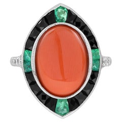 4.05 Ct. Coral Diamond Emerald Onyx Art Deco Style Cocktail Ring in White Gold