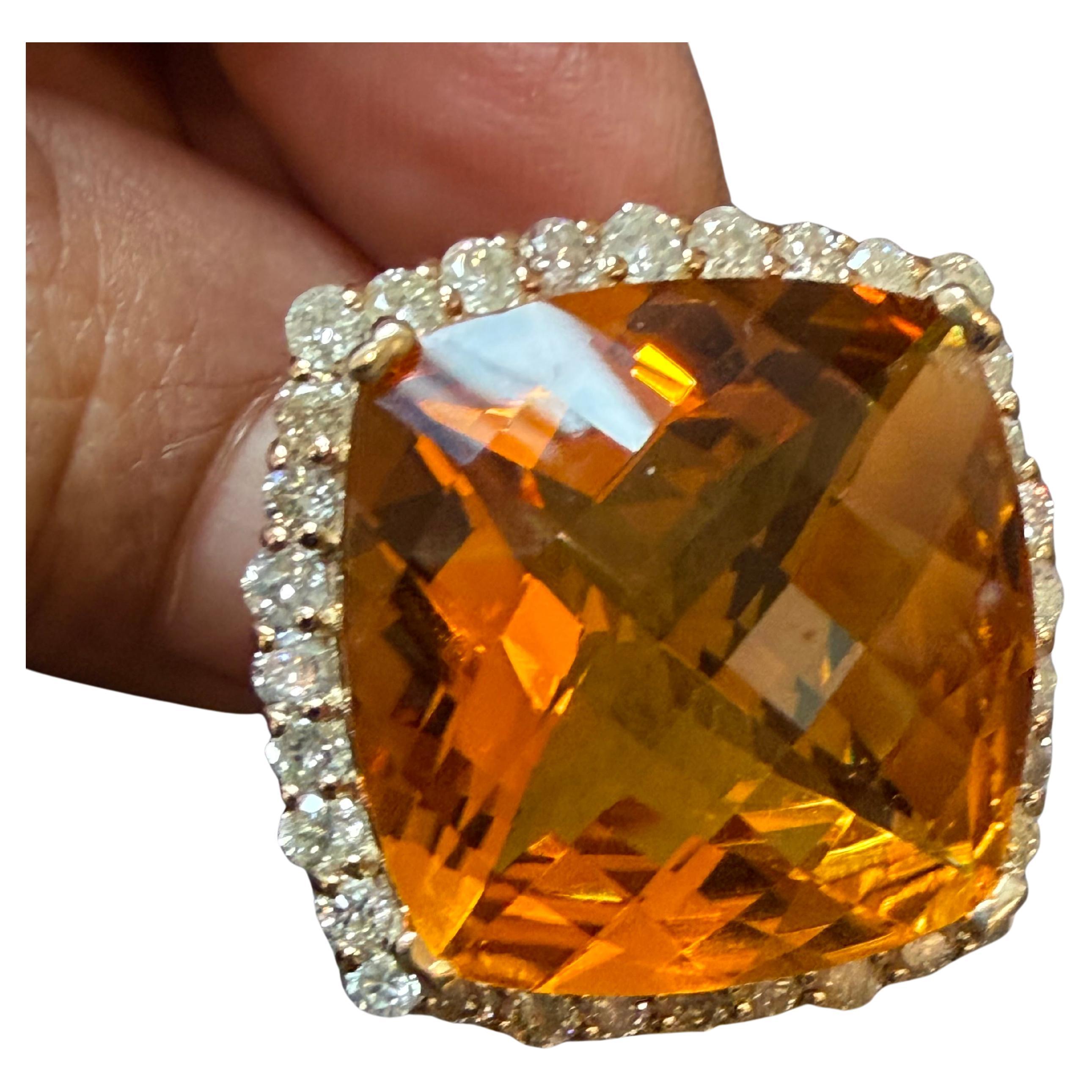 24 Ct Emerald cut Checker Board Citrine 
Diamonds Cocktail Ring 14 KYG, Estate For Sale