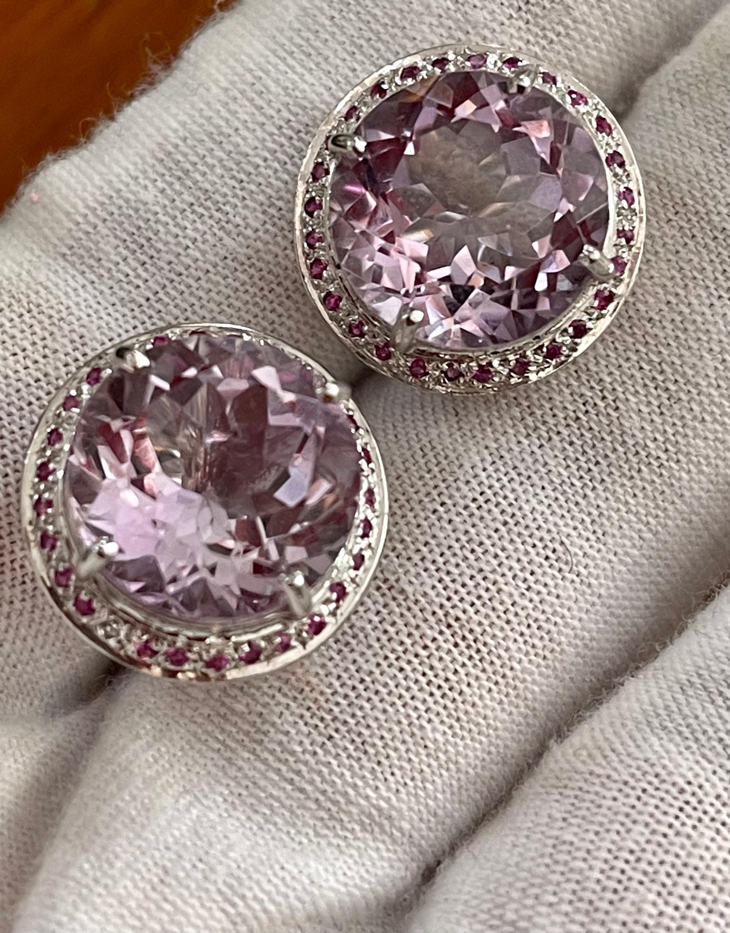 24 Ct Round Natural Pink Amethyst Earrings 18 Karat White Gold Post Backs In Excellent Condition For Sale In New York, NY