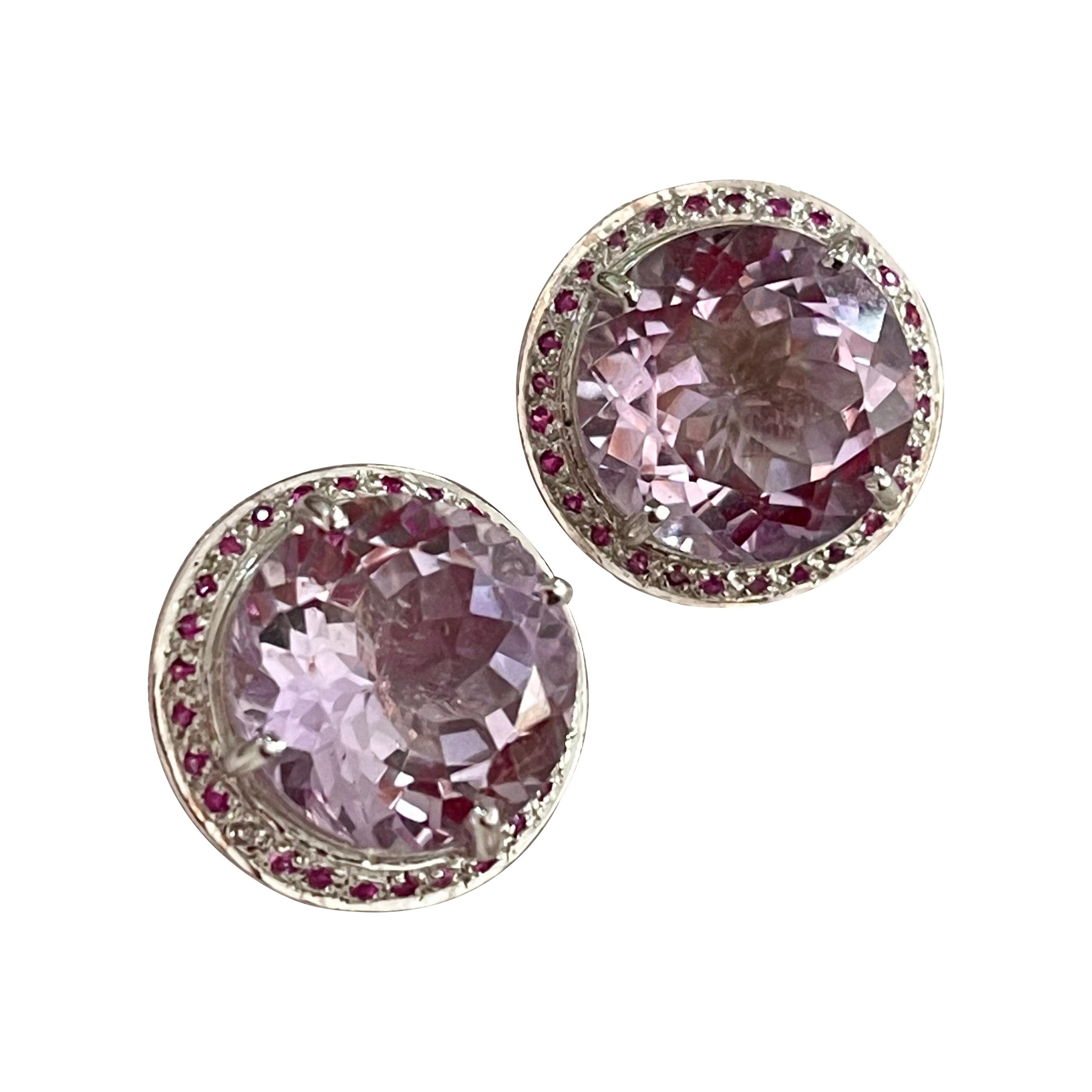 24 Ct Round Natural Pink Amethyst Earrings 18 Karat White Gold Post Backs For Sale