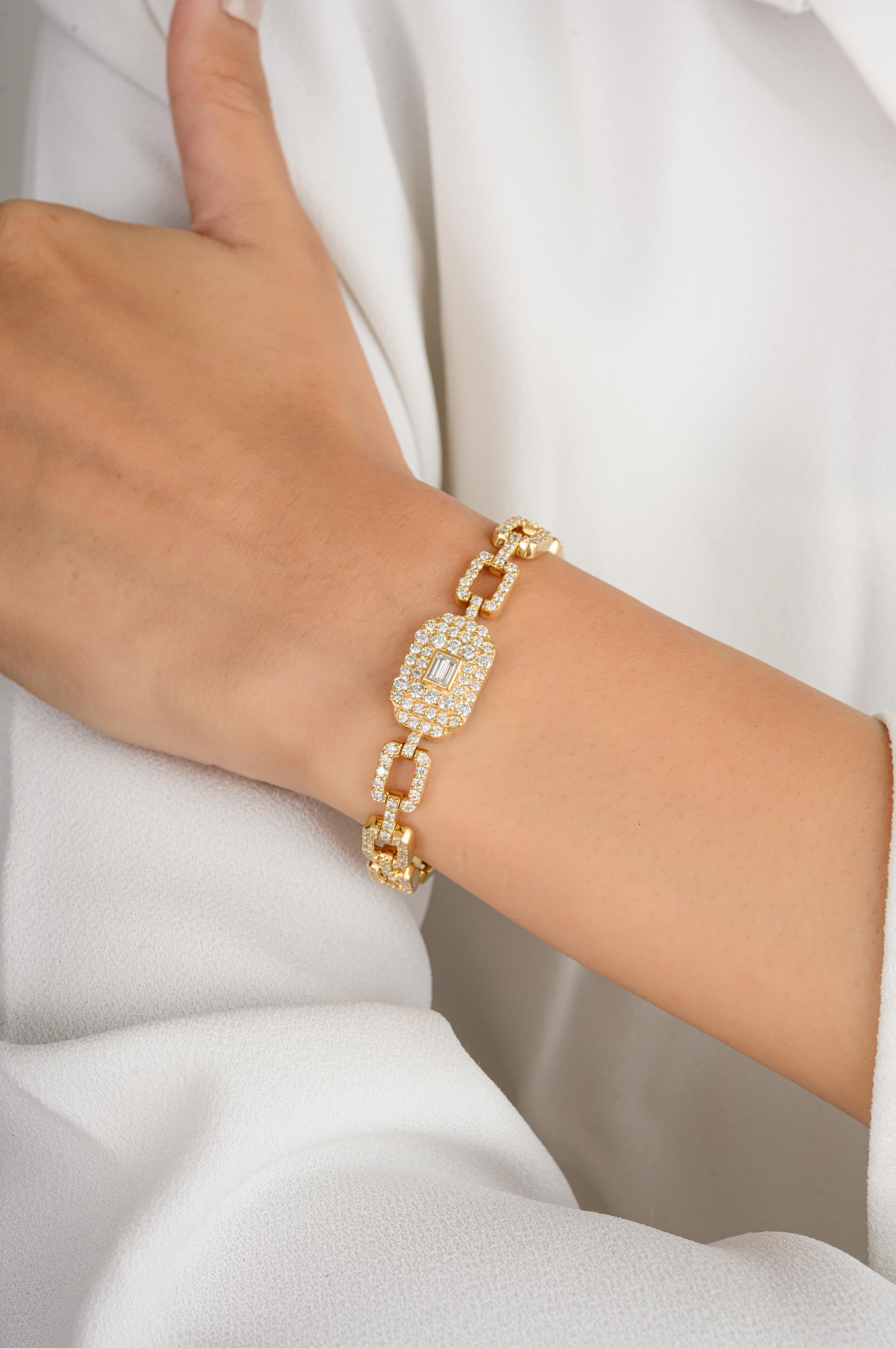 This 2.4 CTW Estate Diamond Wedding Bracelet for Women in 18K gold showcases sparkling natural diamonds, weighing 2.4 carat. 
April birthstone diamond brings love, fame, success and prosperity.
Designed with round cut diamonds set in solid gold to