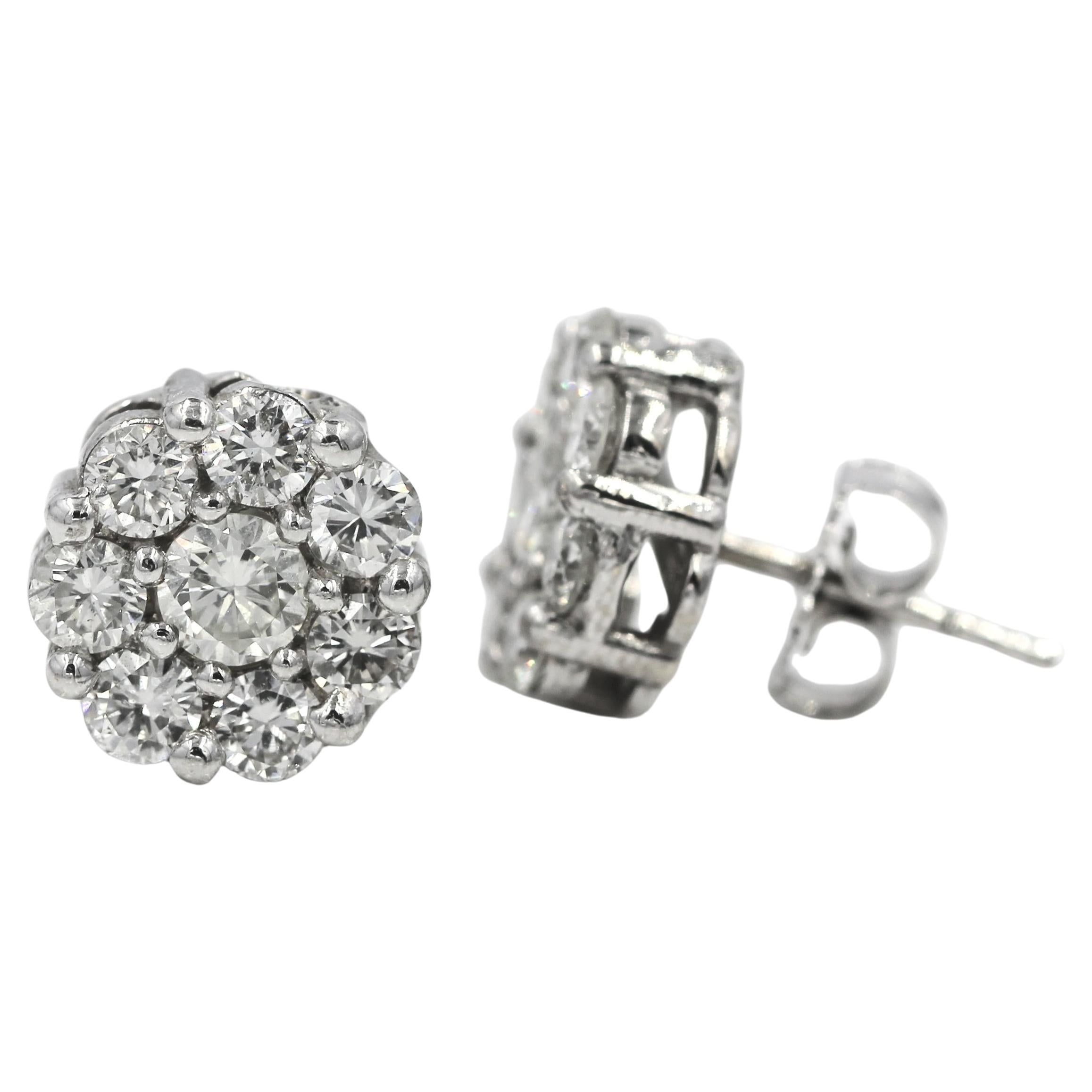 2.4 CTW Round Natural Diamond Flower Halo Stud Earrings 14K White Gold Pushback