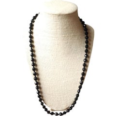 24" Czech Bohemian Black Faceted Glass Bead Long Flapper Strand Necklace, 1930s