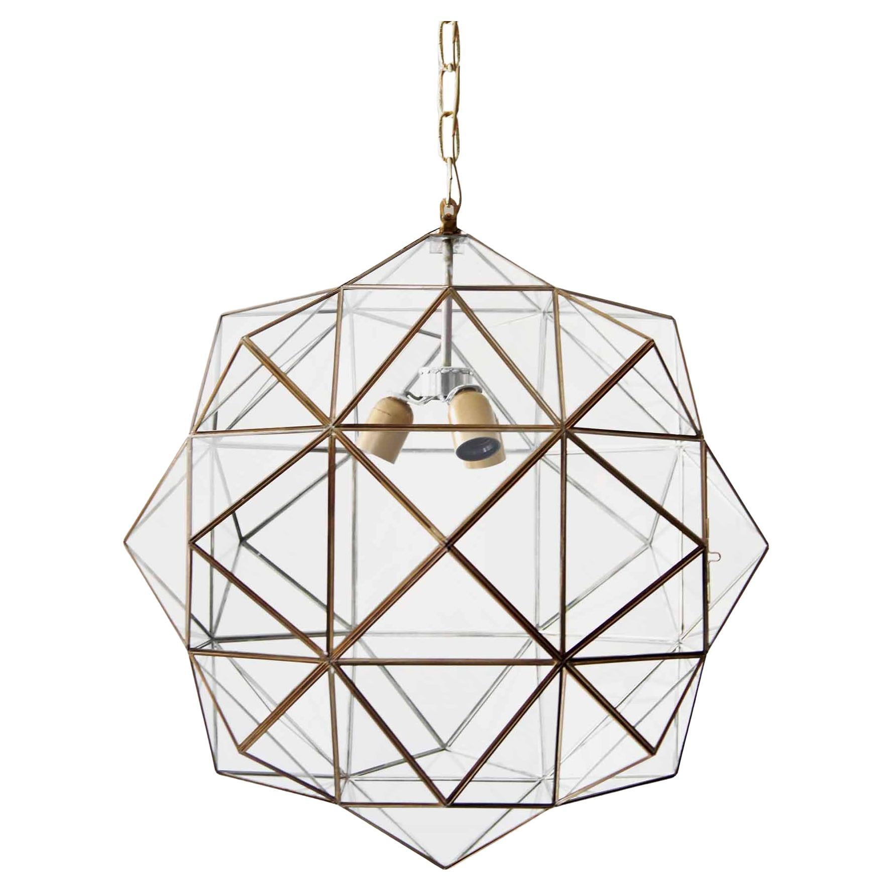 24" Glass Rombus Pendant, Clear Glass with Brass, Granada Collection For Sale