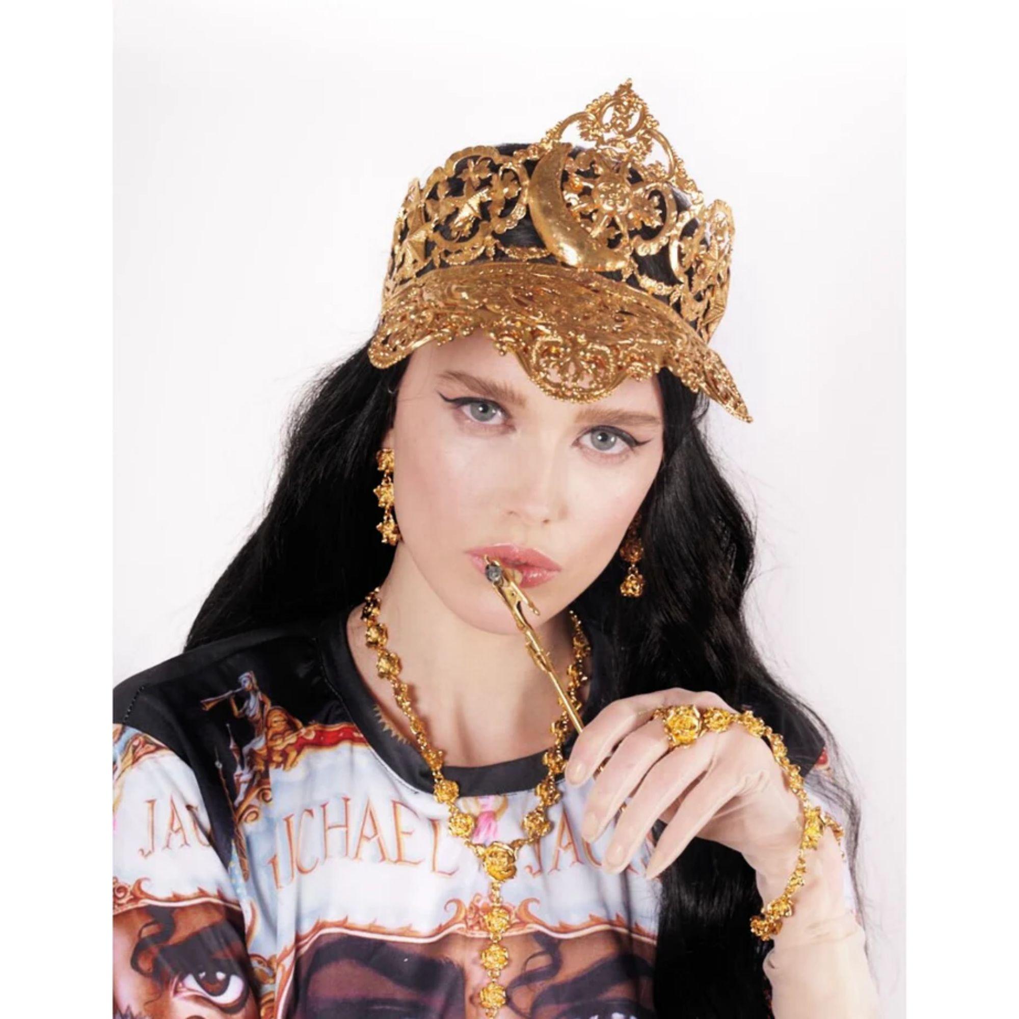 Baroque, handmade, versatile cap made of hundreds of findings and handmade pieces. This one of a kind headpiece is fit for a queen, imagine Cleopatra playing tennis wearing this a matching gold set. Hand molded, the cap may be worn with the visor up