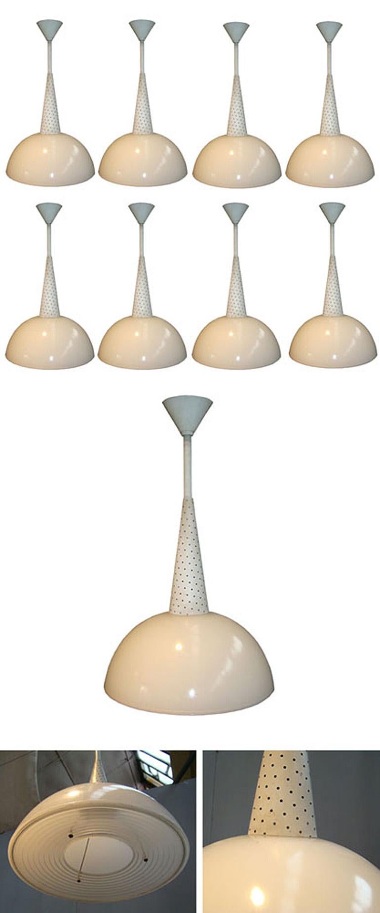 Mid-Century Modern 24 Holophanes Suspensions, Opaline Glass, Metal Lacquer, circa 1950 For Sale