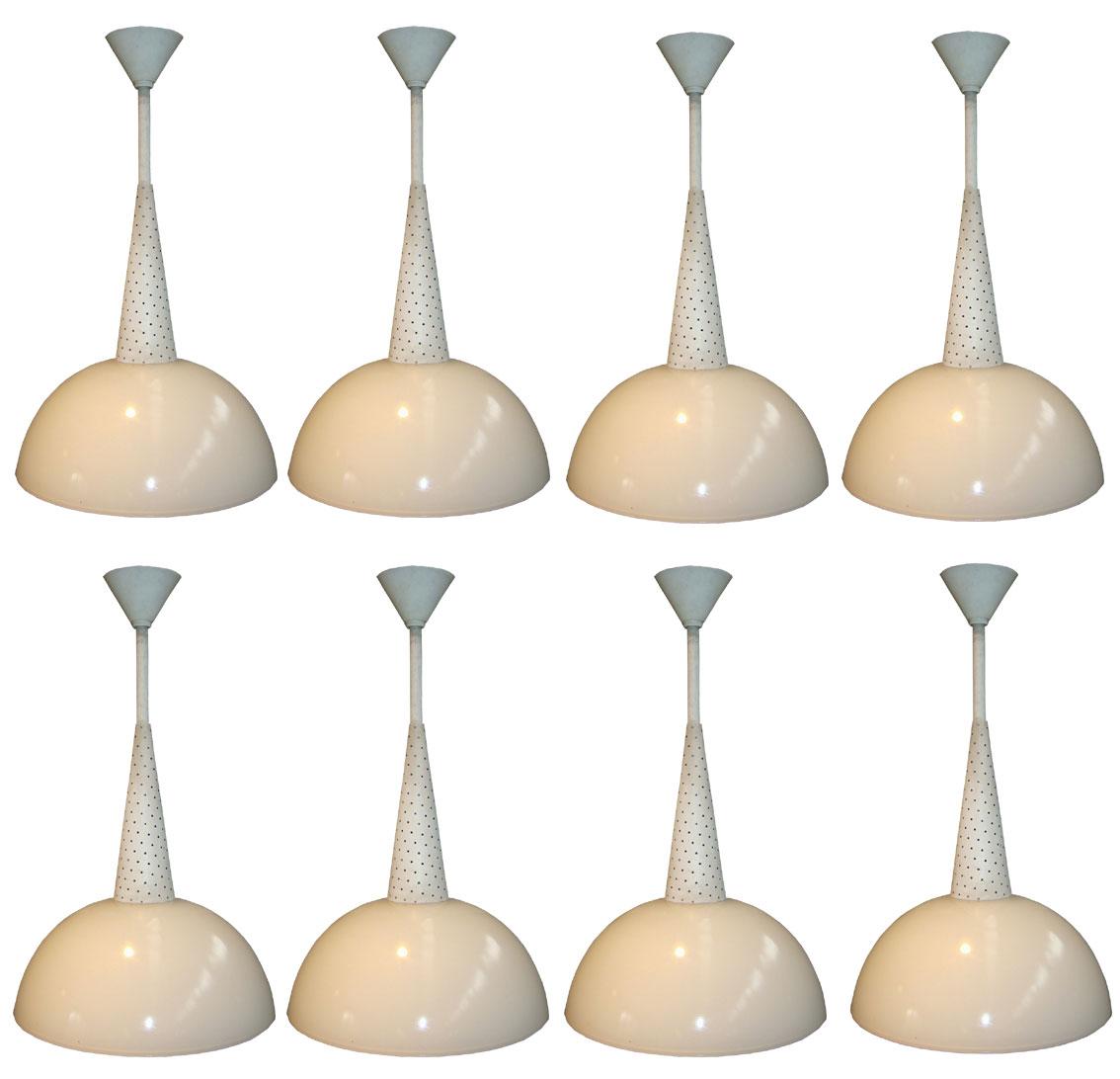 French 24 Holophanes Suspensions, Opaline Glass, Metal Lacquer, circa 1950 For Sale