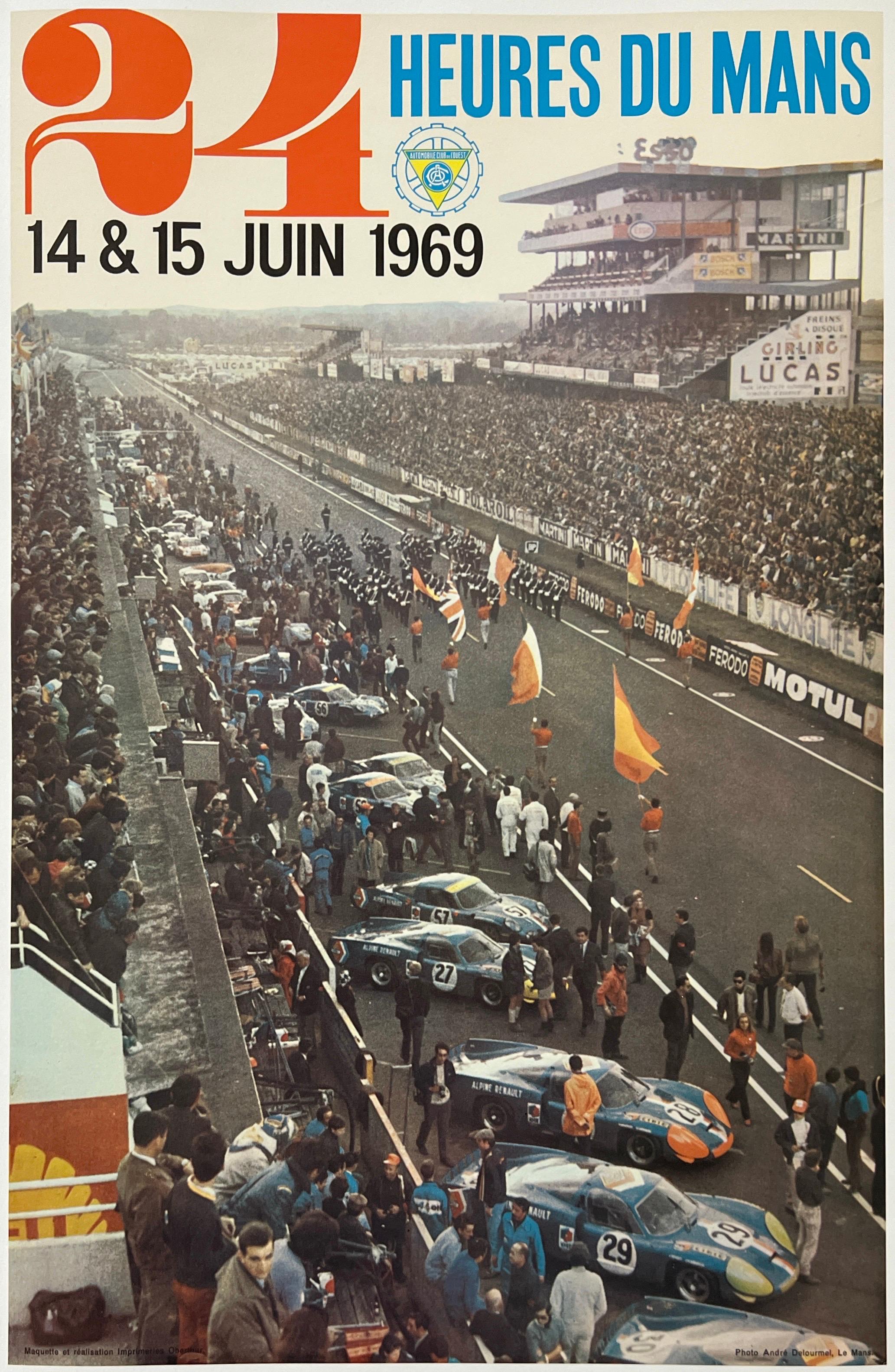 24 HUERES DU MANS Original Vintage Le Mans Car Auto Racing Poster 1969 Ferrari