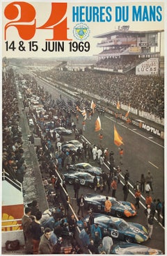 24 HUERES DU MANS Original Vintage Le Mans Car Auto Racing Poster 1969 Ferrari