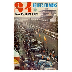 24 HUERES DU MANS Original Vintage Le Mans Car Auto Racing Poster 1969 Ferrari