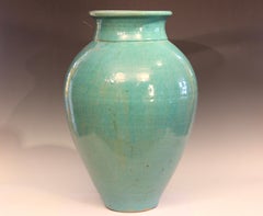 24" Enorme Royal Crown Pottery Vase Aqua Urn firmata Floor Porch