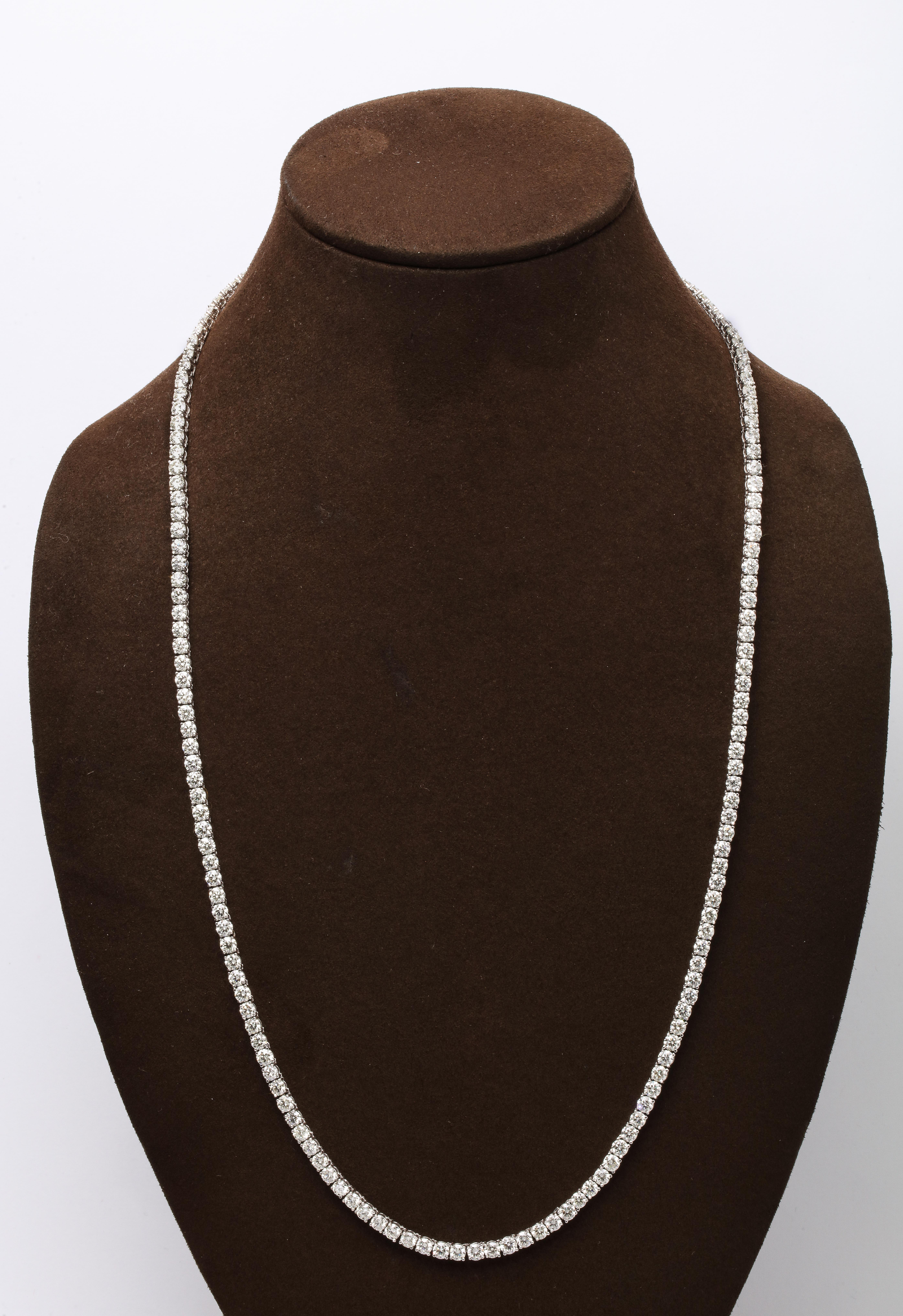 
27.59 carats of white round brilliant cut diamonds set in 14k white gold.

24 inch length 

A fabulous necklace that makes a statement on its own or looks great layered with other pieces. 

Also available in 36 inch length. 