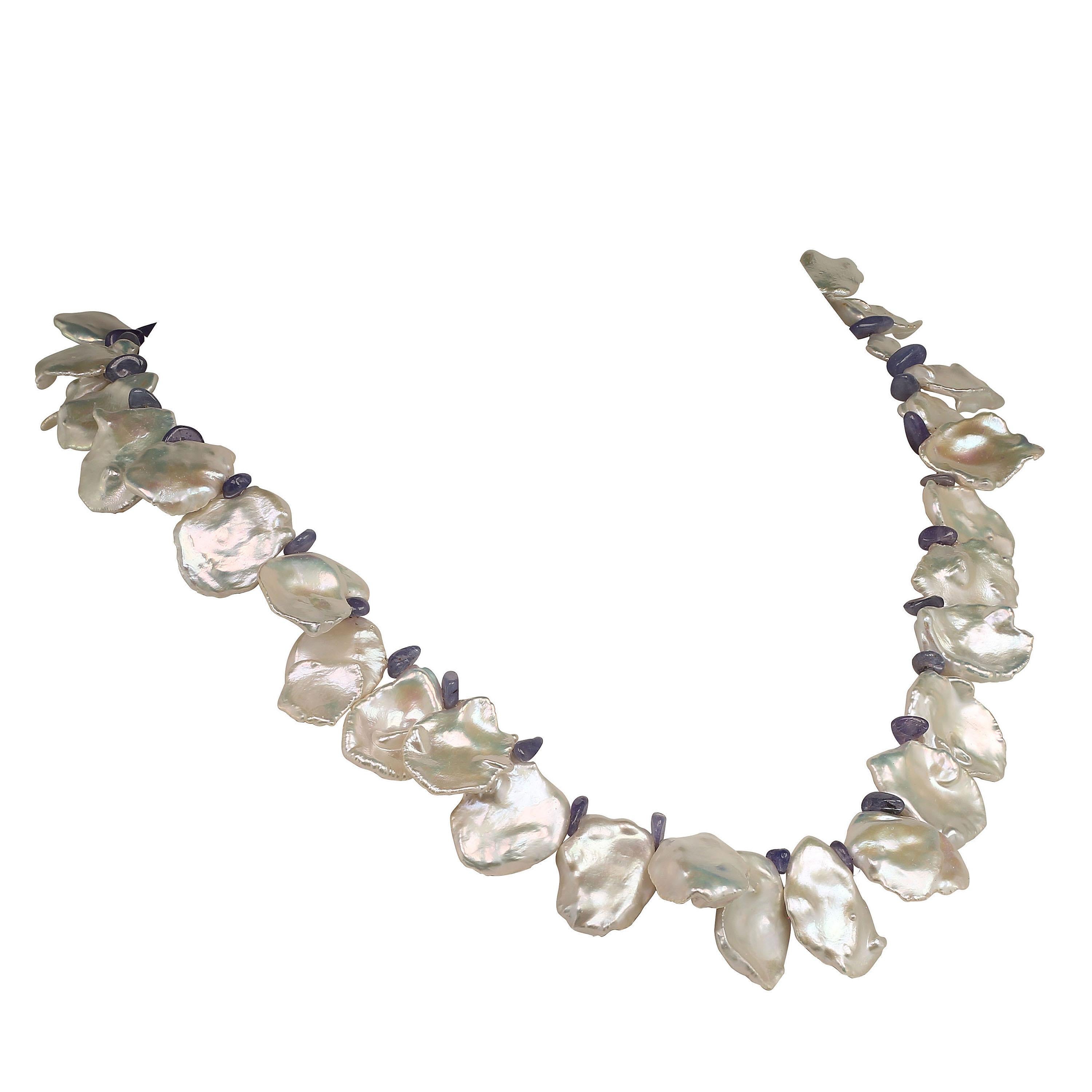 AJD Fluttering White Keshi Pearl Necklace Tanzanite Accents June Birthstone