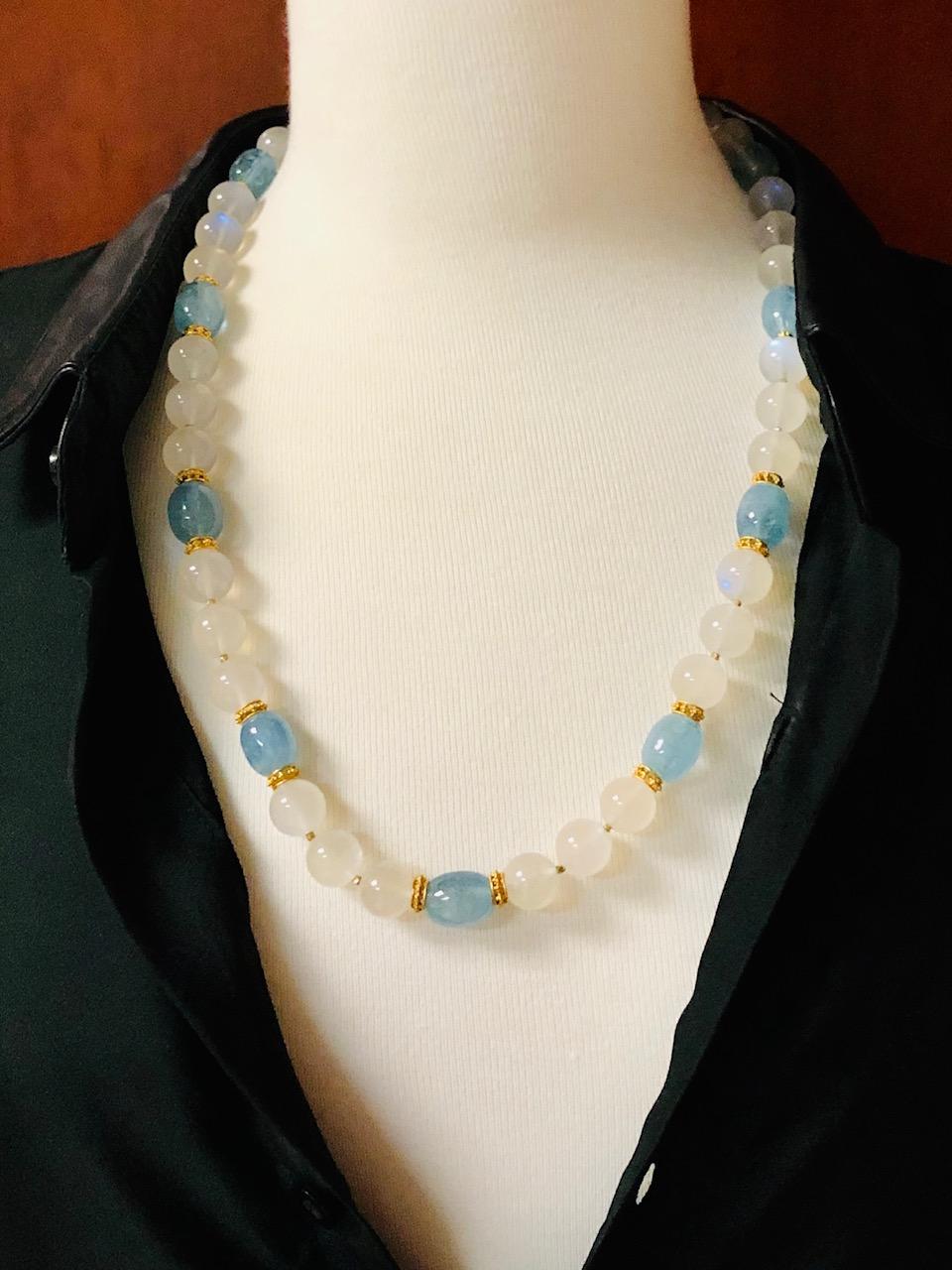 Moonstone Bead and Aquamarine Bead Necklace with Yellow Gold Spacers, 24 Inches 2