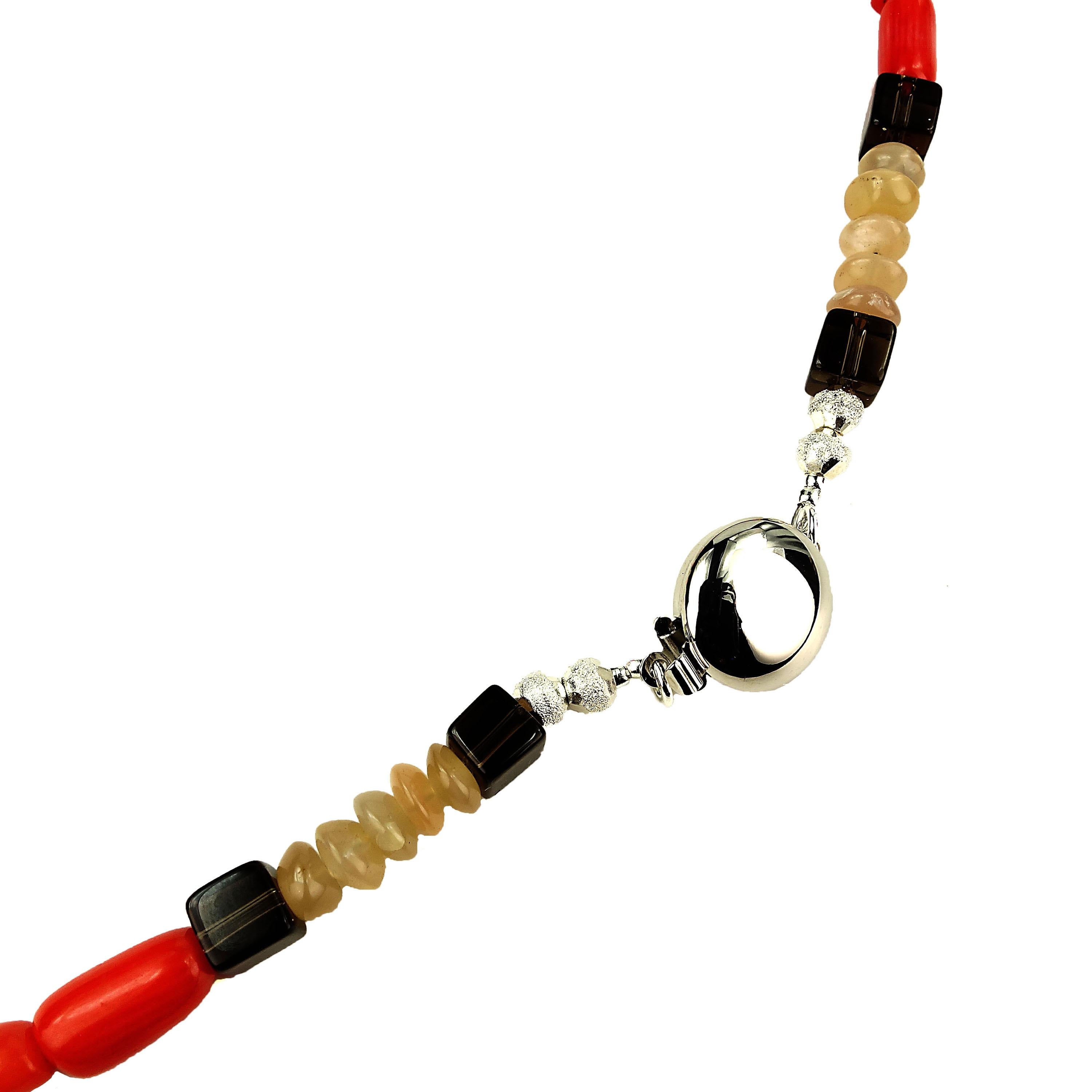 Bead AJD 24 Inch Necklace of Coral, Sunstone, and Smoky Quartz