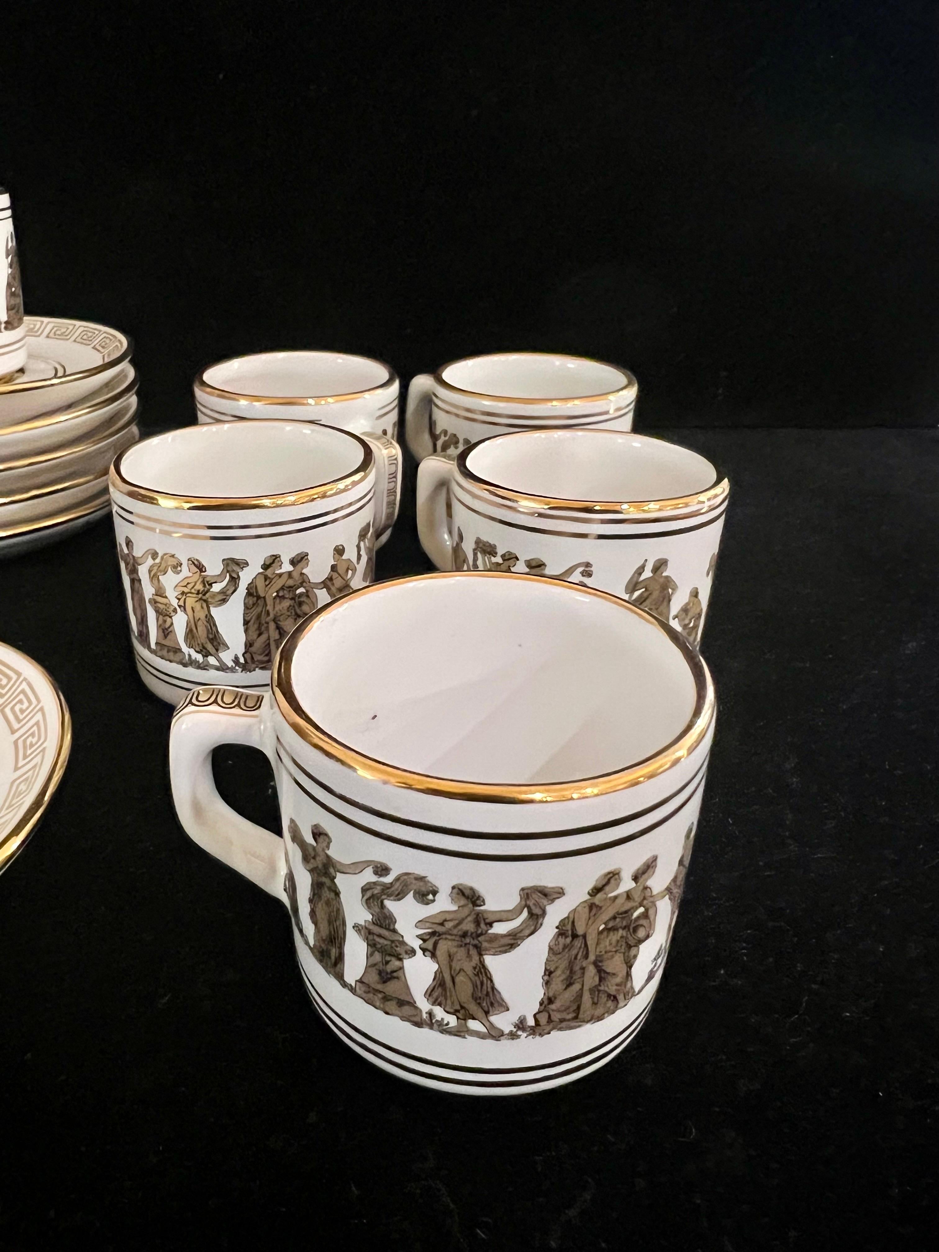 Hollywood Regency 24 K Hand Painted Set of 6 Espresso Cups & Saucers Greek Key Pattern For Sale