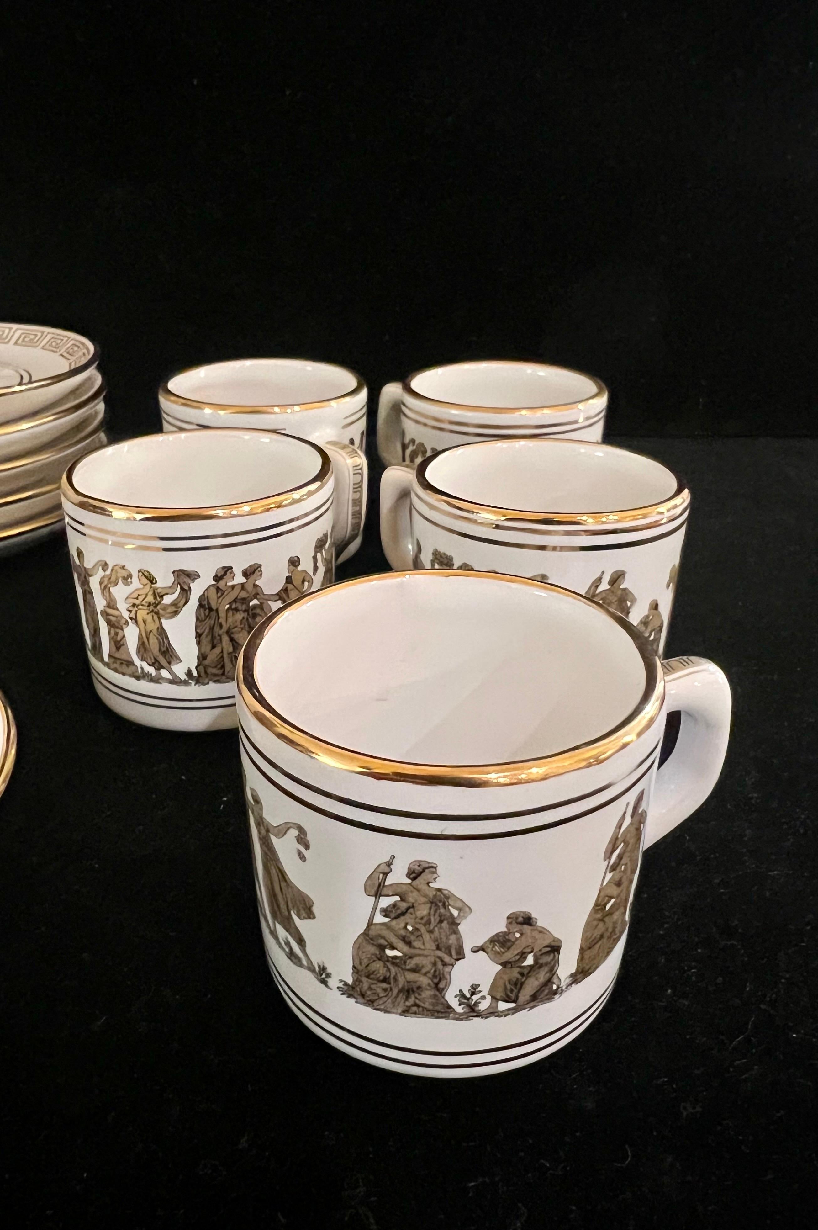 Hollywood Regency 24 K Hand Painted Set of 6 Espresso Cups & Saucers Greek Key Pattern For Sale
