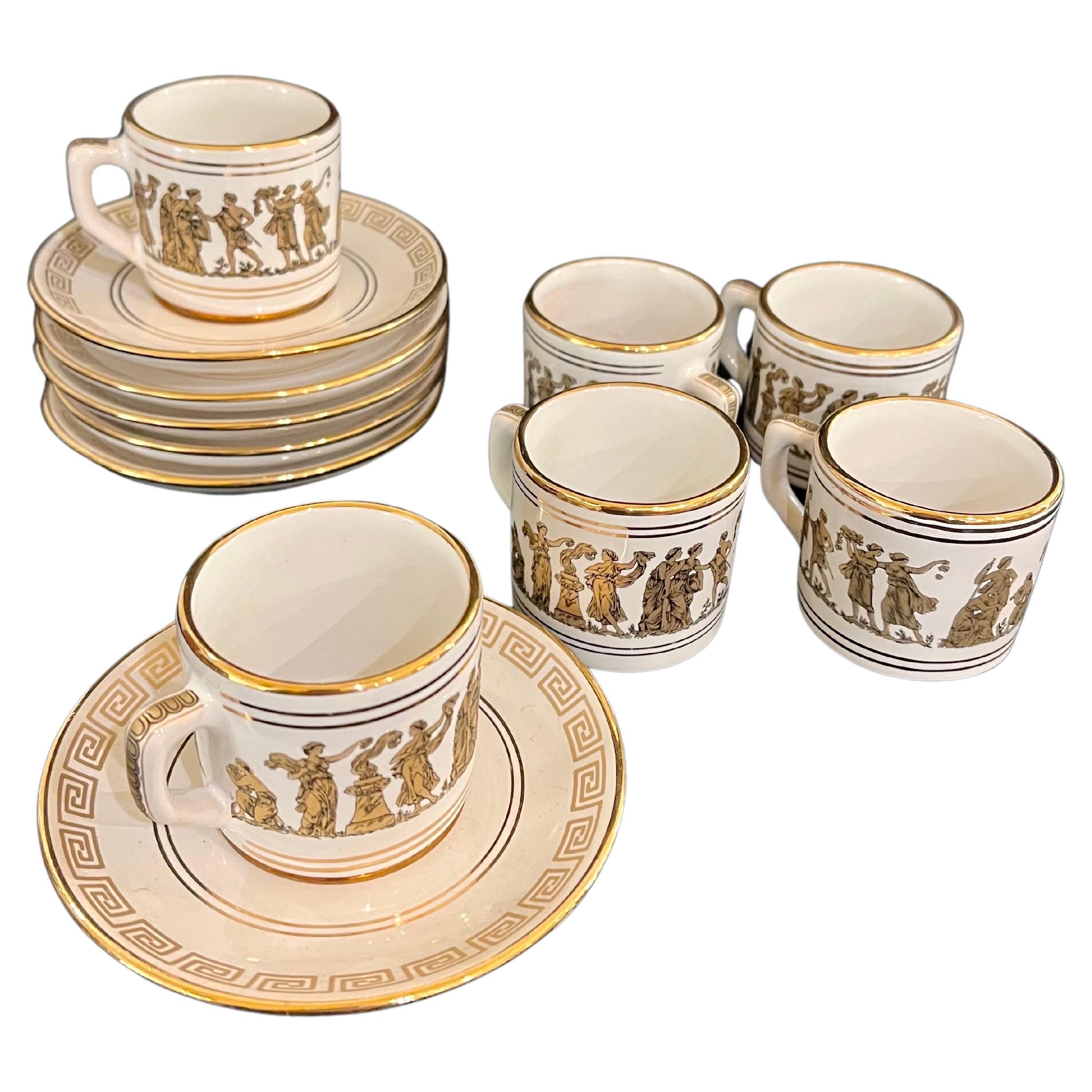24 K Hand Painted Set of 6 Espresso Cups & Saucers Greek Key Pattern For Sale