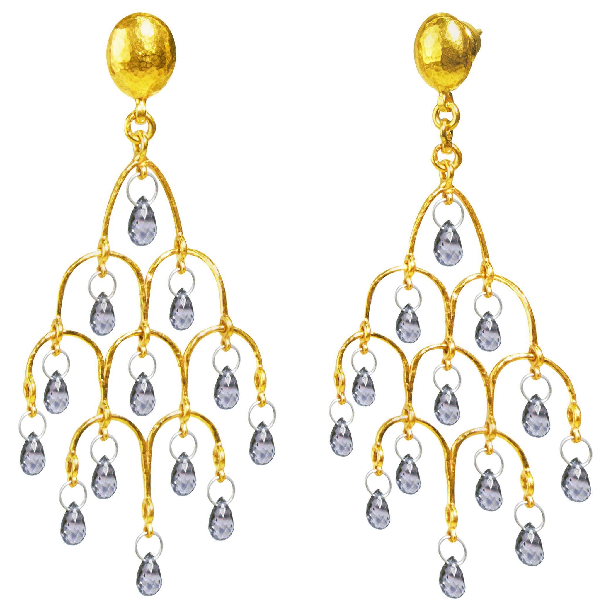 GURHAN 22-24 Karat Hammered Yellow Gold Blue Sapphire Chandelier Earrings For Sale